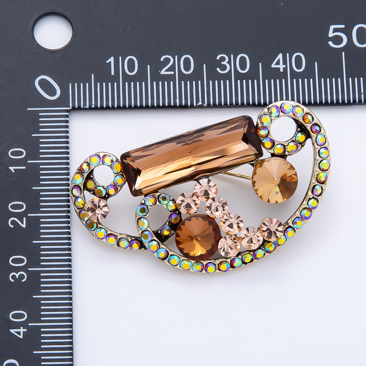 Antique Gold 46mm Brown Baguette AB Round Rhinestone Open Geometric Pin Brooch | BH-00162