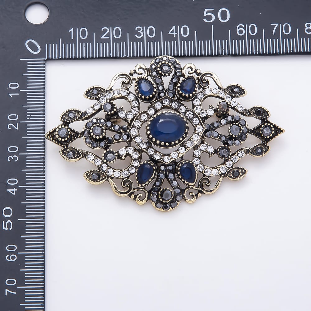Vintage Gold 45mm Blue, Red, Green Rhinestone Oval Filigree Statement Pin Brooch | BH-00212