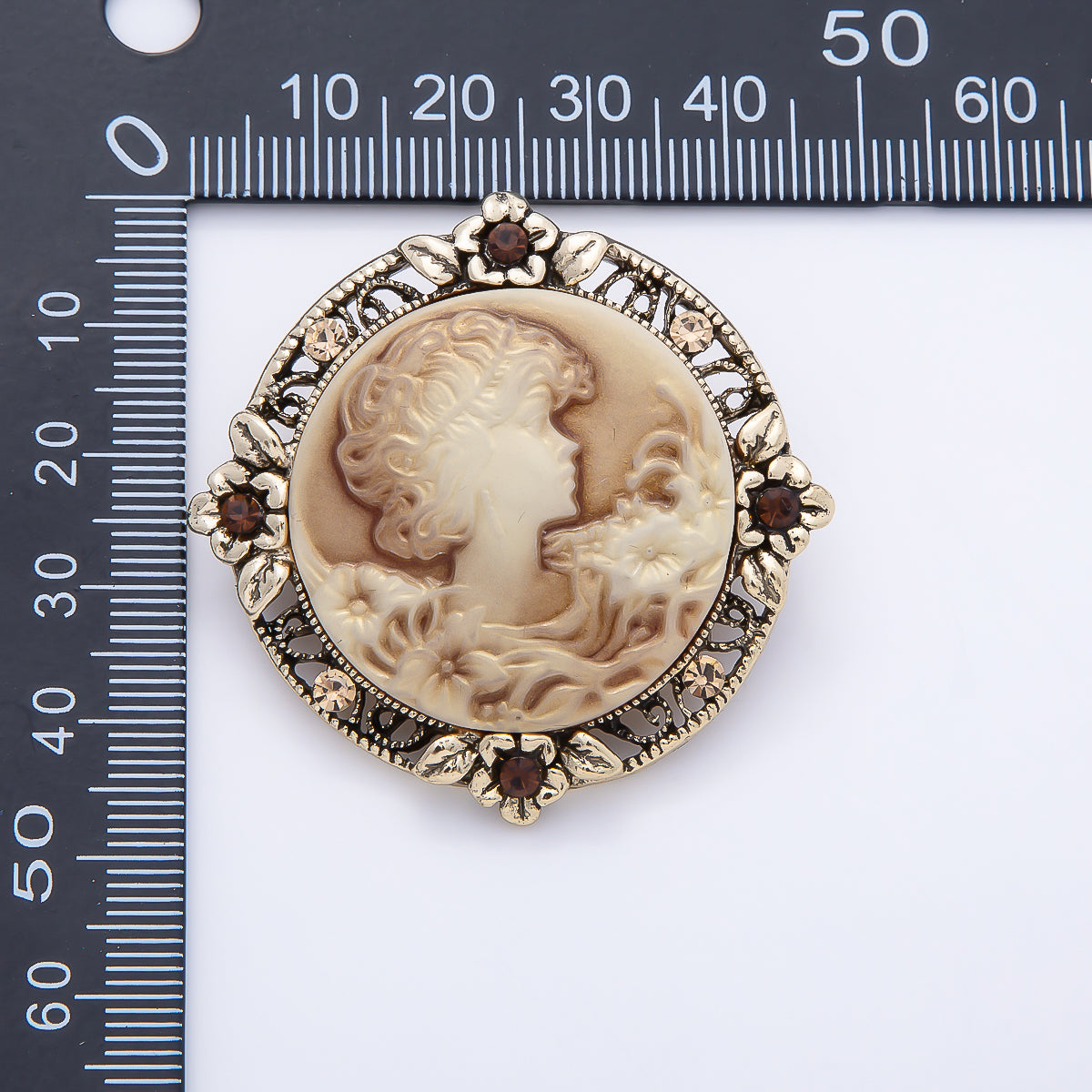 Vintage Gold 46mm Lady Portrait Cameo Flower Rhinestone Round Pin Brooch | BH-00170
