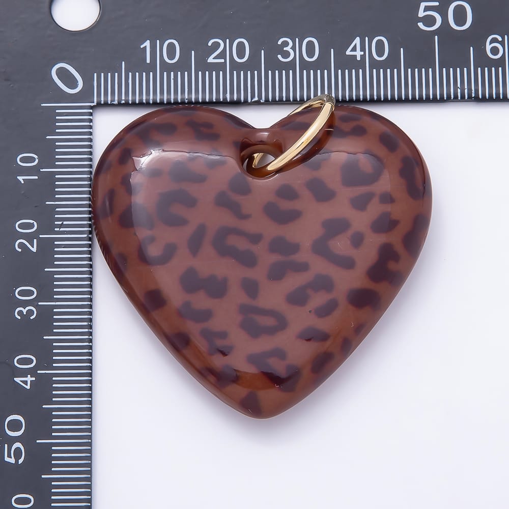 AUNTUMN FALL 16K Gold Filled 48mm Cheetah Leopard Print Brown Enamel Resin Heart Charm | Charms-02361