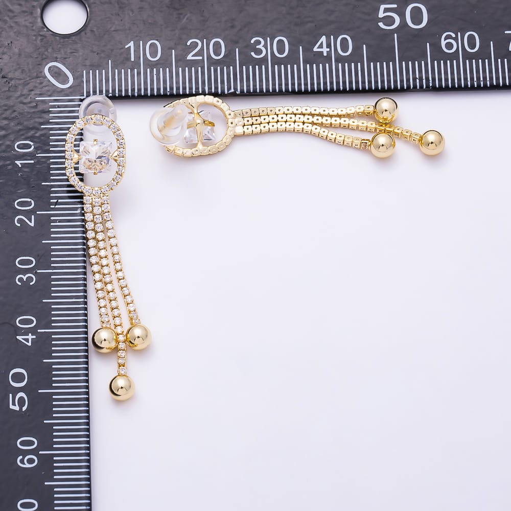 16K Gold Filled 46mm Oval Halo Princess CZ Triple Fringe Dangle Earrings | Earrings-01025 - Earrings-01026
