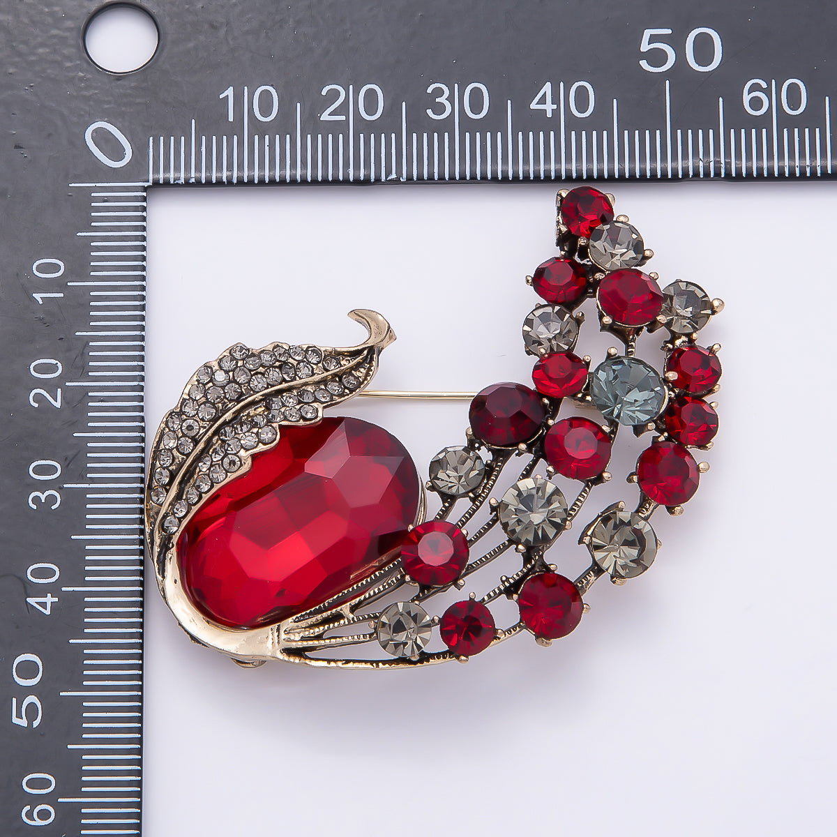 Vintage Gold Green, Red Rhinestone Curved Leaf Nature Pin Brooch | BH-144 BH-145