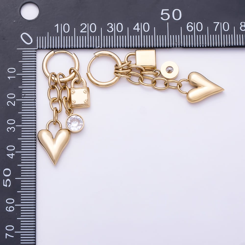 Stainless Steel PVD 45mm Round CZ Puffy Heart Padlock Multi Drop Huggie Earrings in Gold & Silver | Earrings-01153 Earrings-01154
