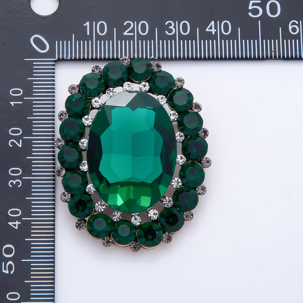 Antique Gold 46mm Green Rhinestone Oval Statement Pin Brooch | BH-00184
