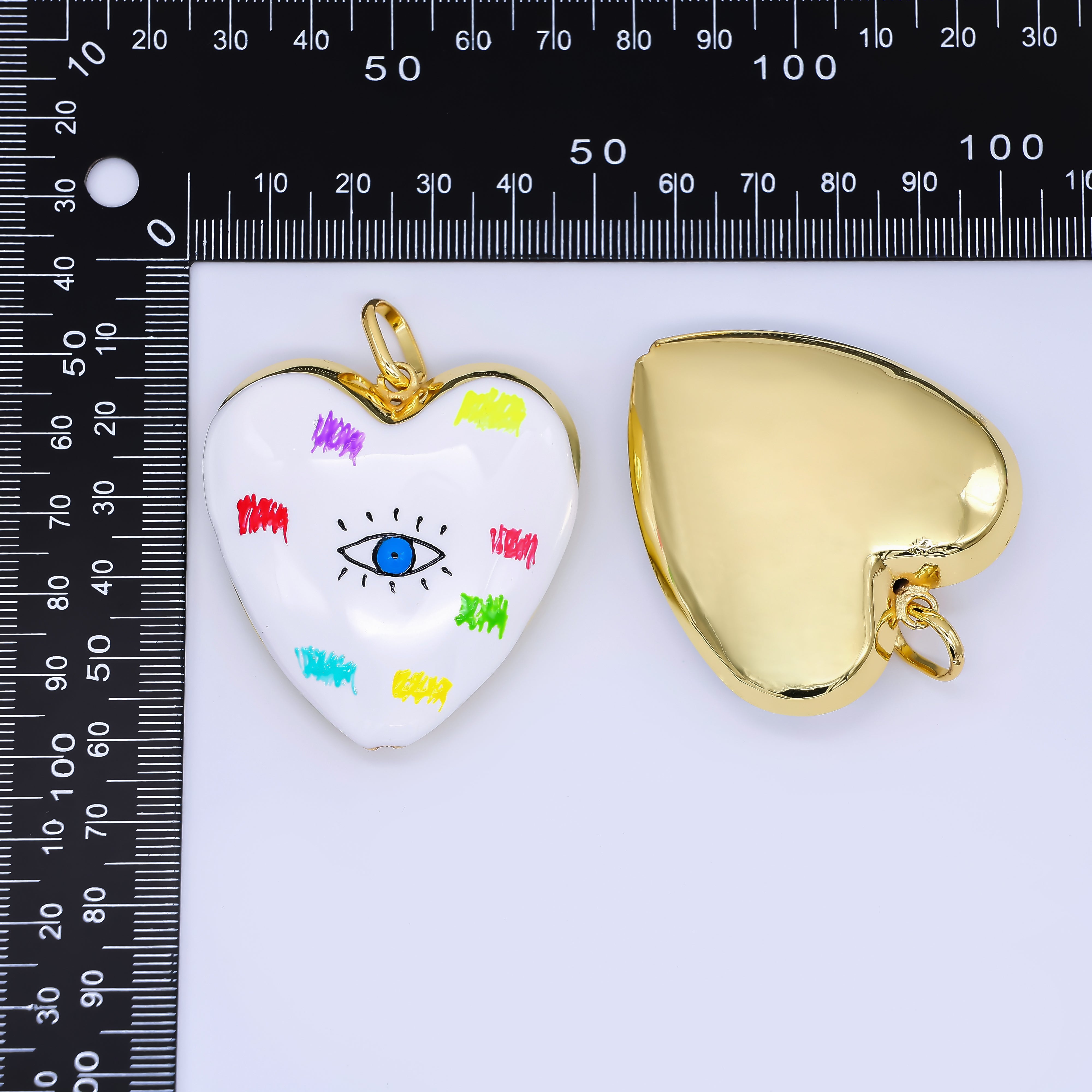 24K Gold Filled 48mm Evil Eye Art White Enamel Heart Charm | AH407 AH408
