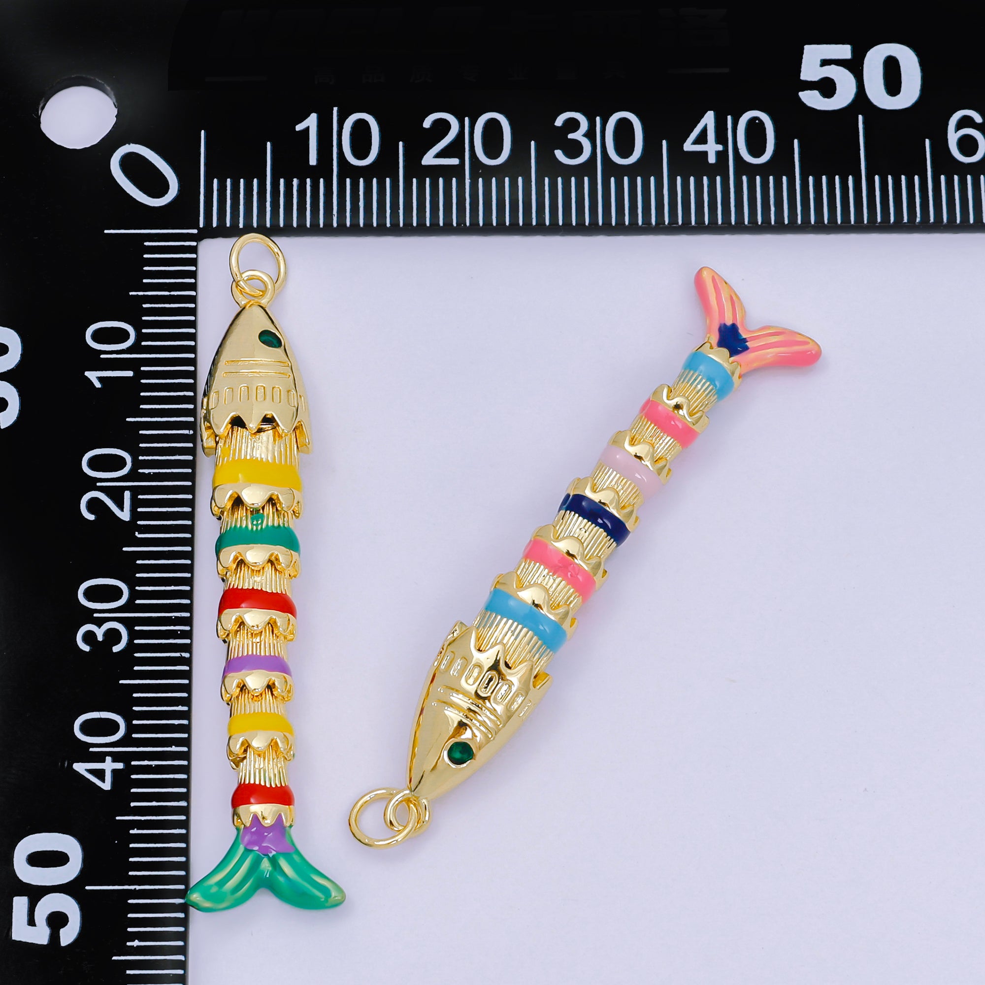 24K Gold Filled 33mm Emerald Green CZ Enamel Art Rainbow Fish Animal Charm | D-080 D-081