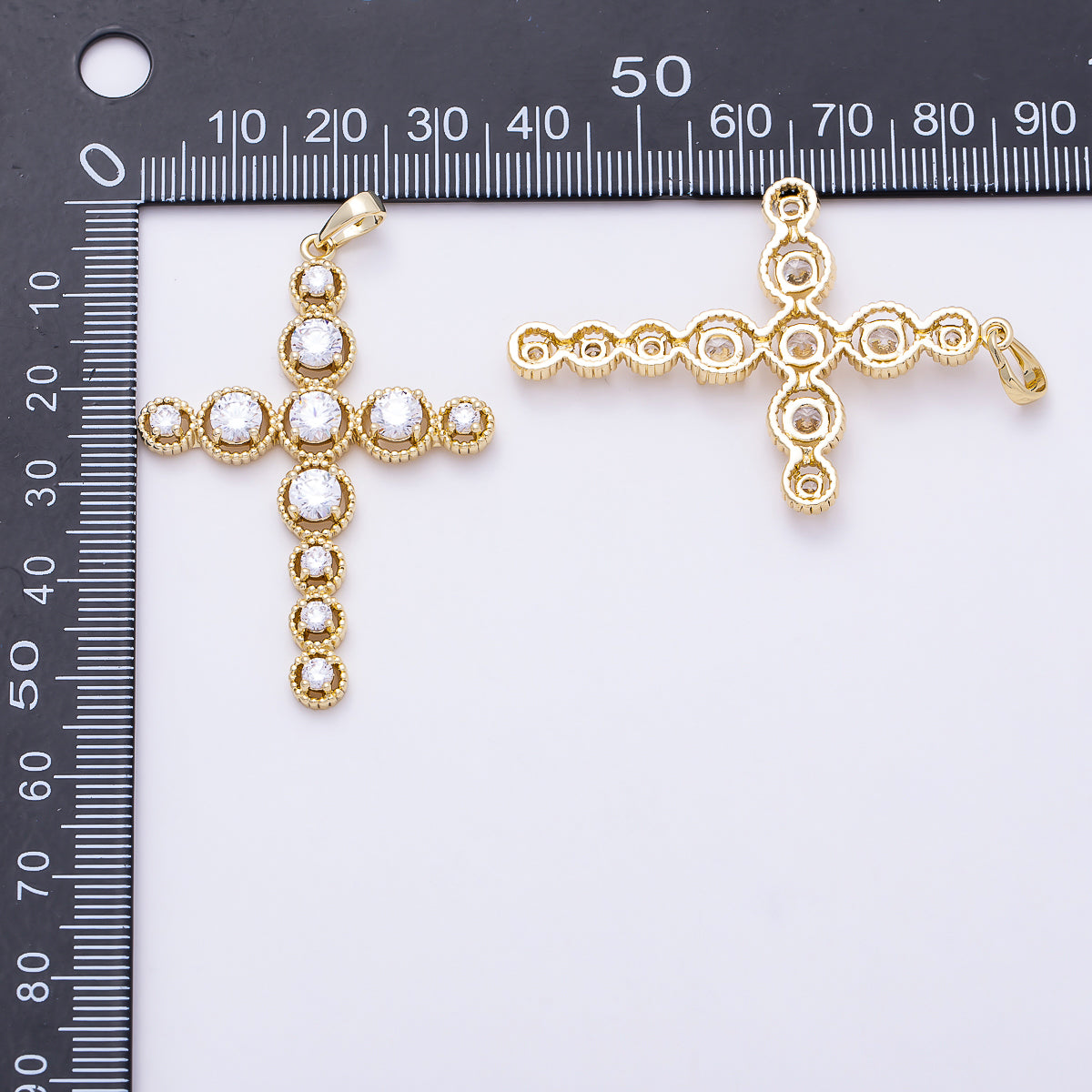 16K Gold Filled 50mm Clear CZ Round Religious Cross Pendant | Charms-01401