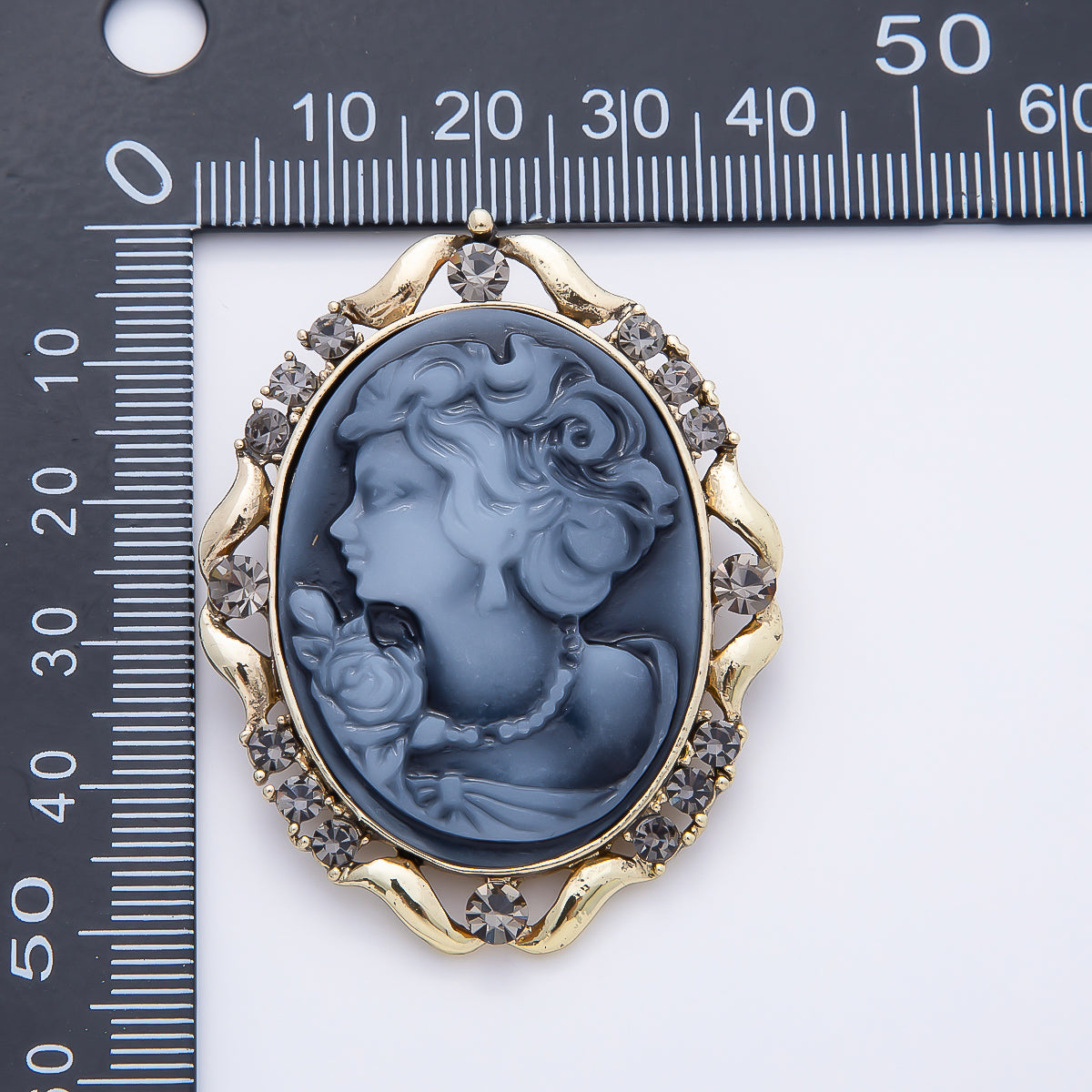 Antique Gold 50mm Blue Epoxy Lady Portrait Cameo Rhinestone Oval Pin Brooch | BH-00160
