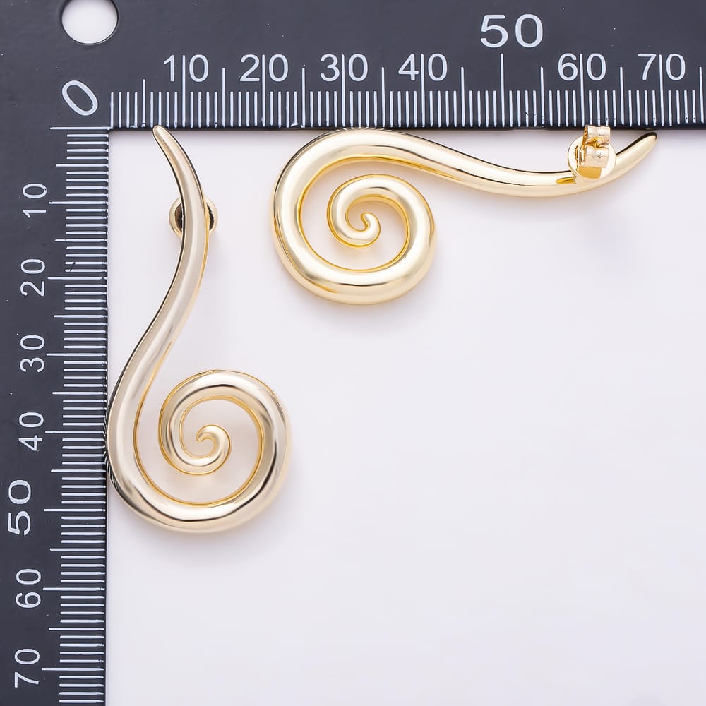 16K Gold Filled 50mm Spiral Swirl Curved Stud Earrings in Gold & Silver | Earrings-01171 Earrings-01172