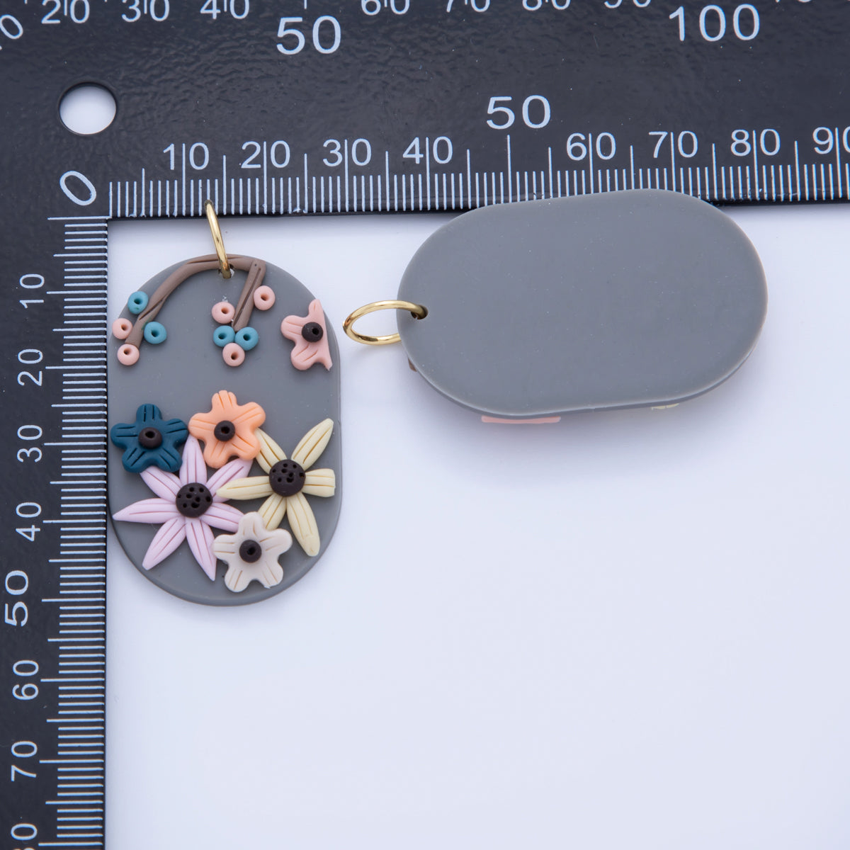 18K Gold Filled Multicolor Flower Plant Polymer Clay Grey Oblong Charm | AF365