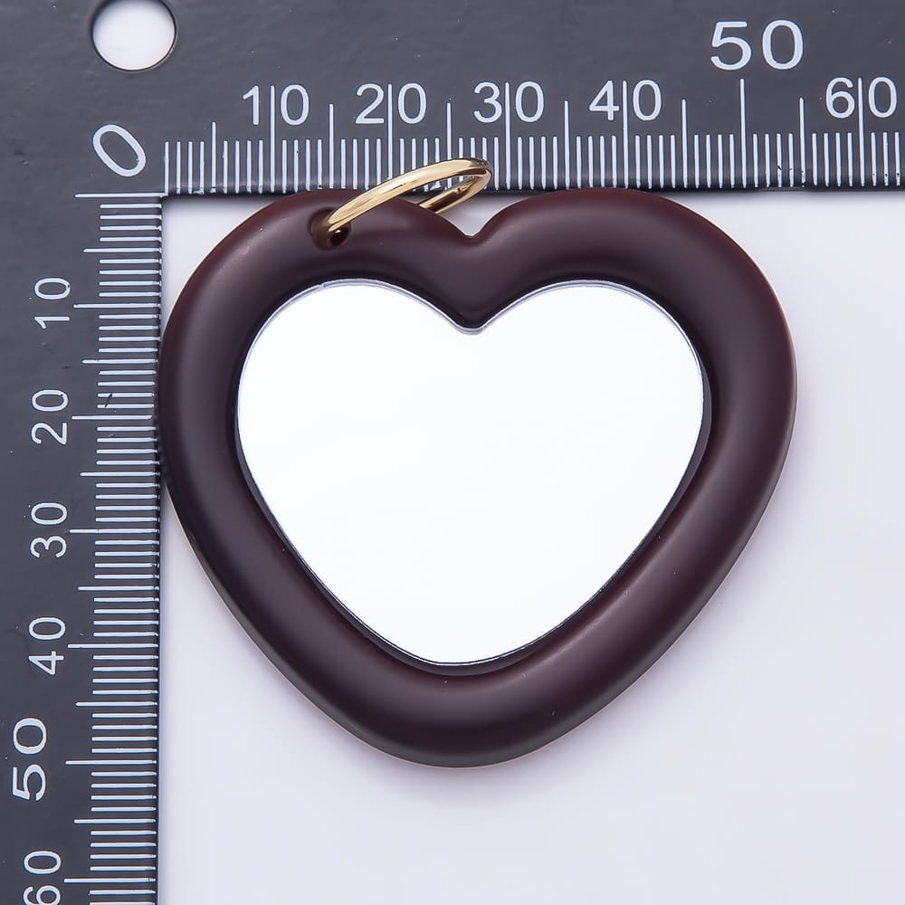 16K Gold Filled 54mm Dark Brown Enamel Mini Portable Mirror Heart Charm | Charms-02363