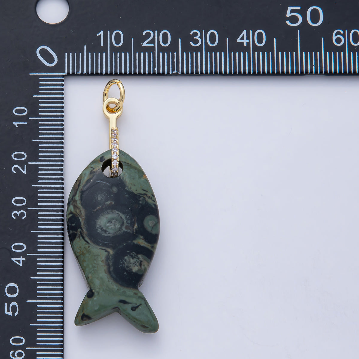 18K Gold Filled 51mm Quartz, Agate, Jasper, Topas Gemstone Fish Charm with CZ Charm  | AK001