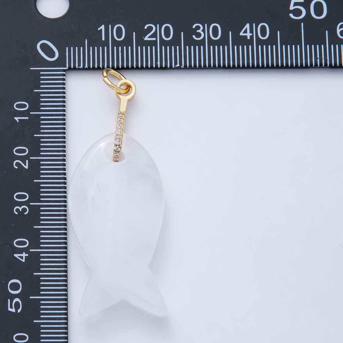 18K Gold Filled 51mm Quartz, Agate, Jasper, Topas Gemstone Fish Charm with CZ Charm  | AK001