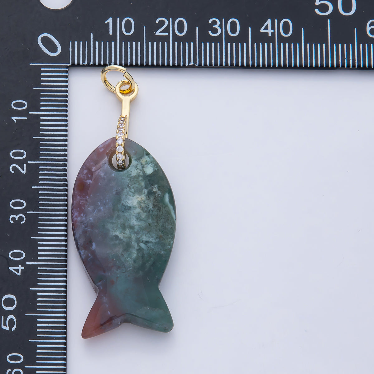 18K Gold Filled 51mm Quartz, Agate, Jasper, Topas Gemstone Fish Charm with CZ Charm  | AK001