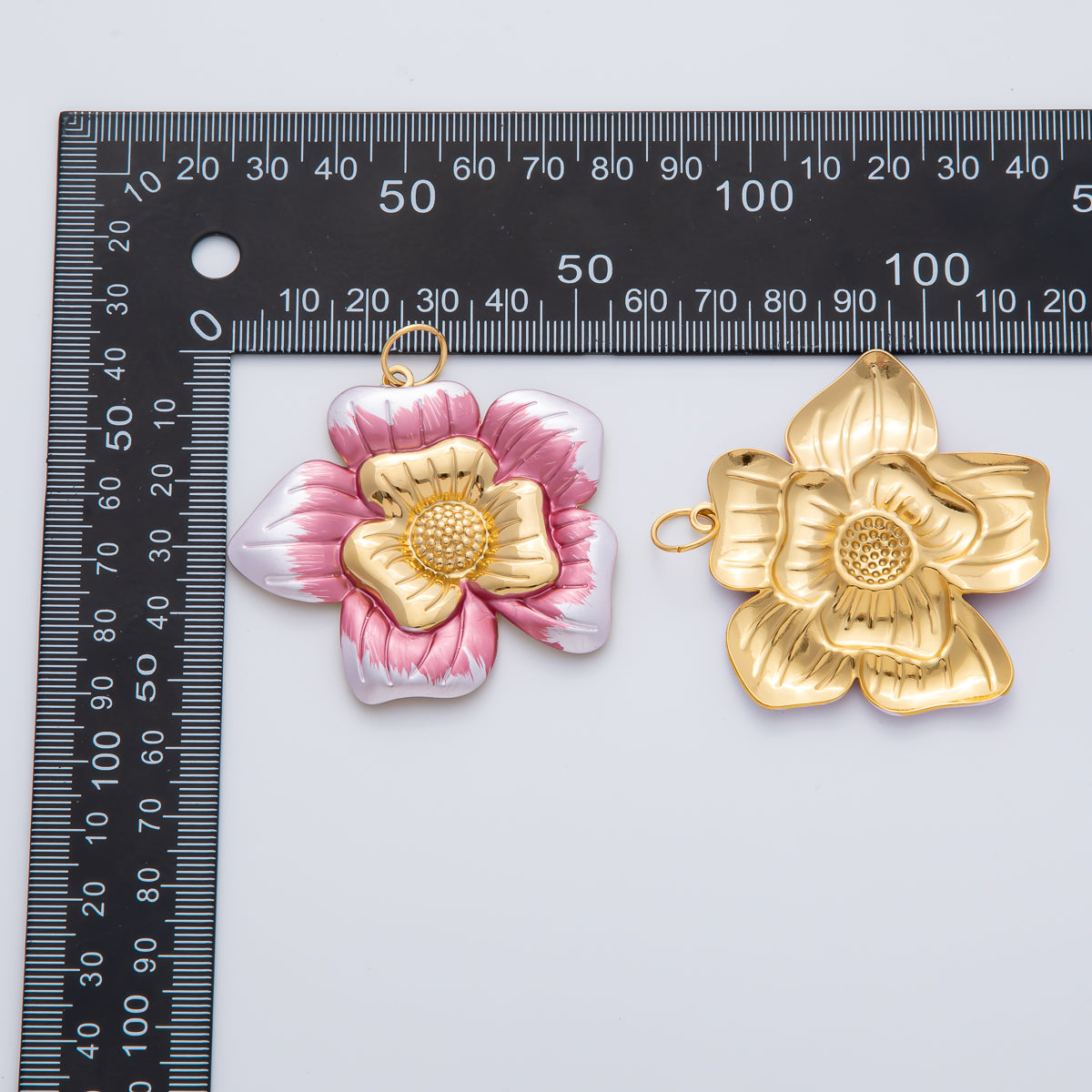 18K Gold Plated 51mm Handpainted Blue, Pink, Black Enamel Blooming Flower Charm | AF1421 AF1422