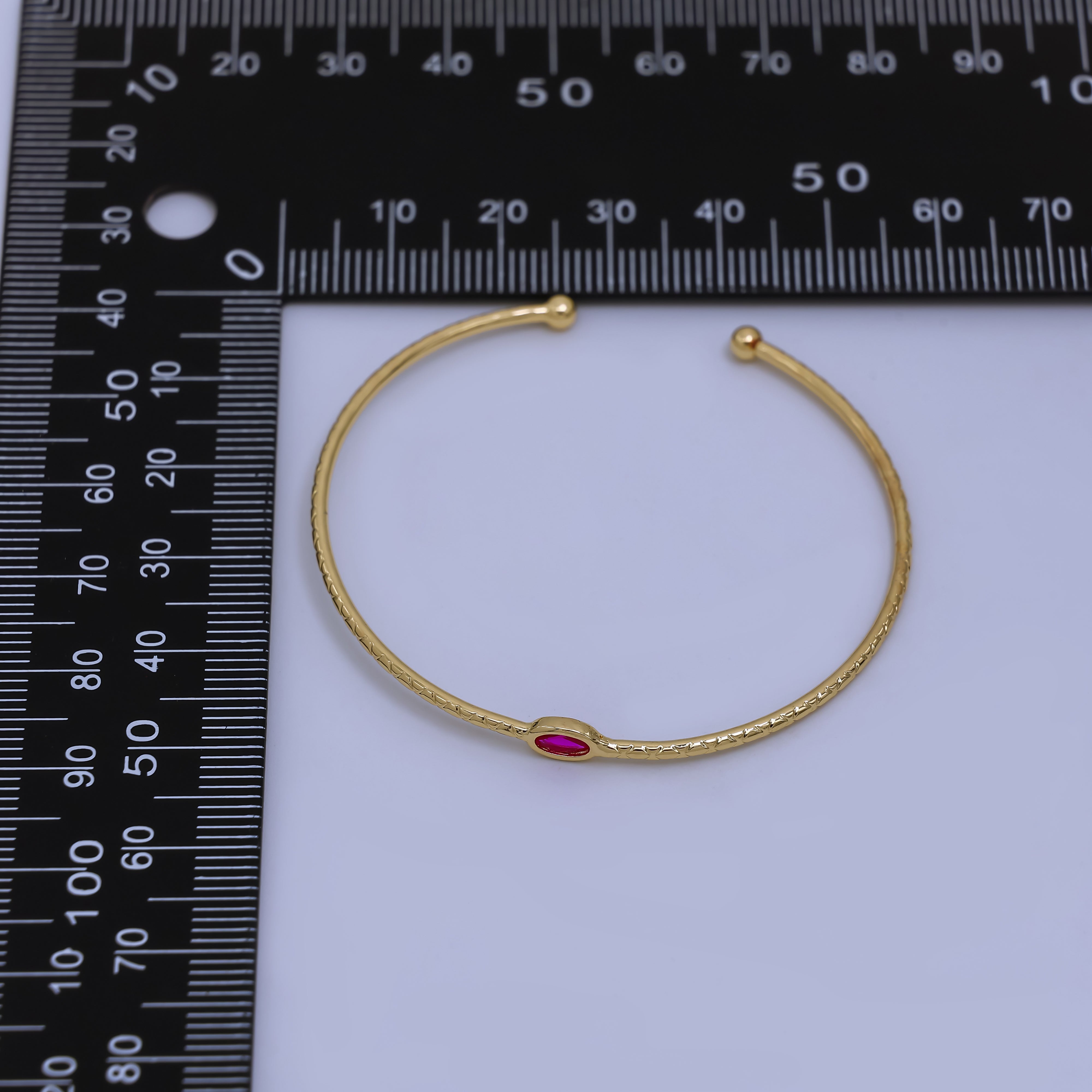 24K Gold Filled Fuchsia Oval CZ Solitaire Thin Line Textured Cuff Bracelet | WA-03321