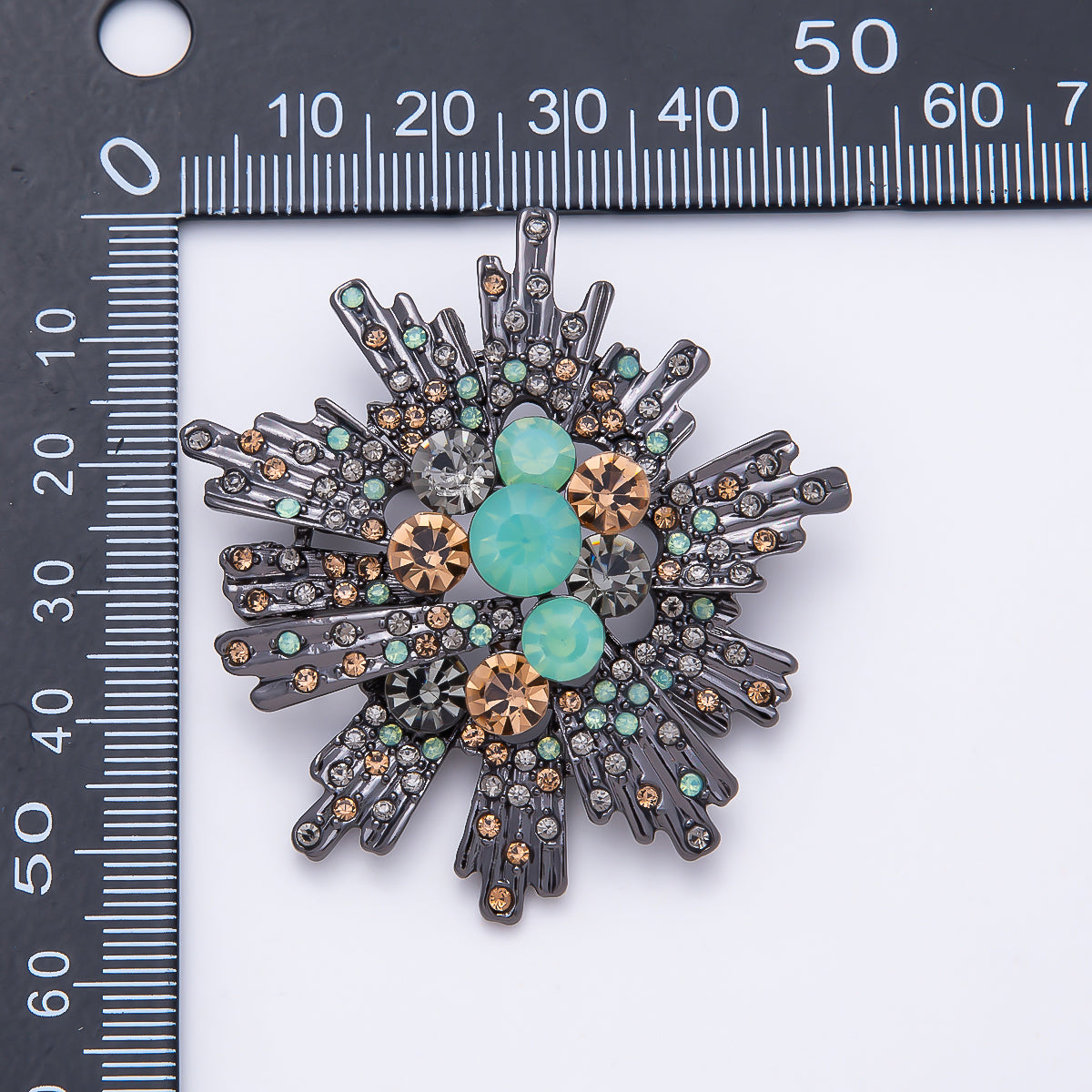 Vintage Black Gunmetal 53mm Mint Green Champagne Rhinestone Sunburst Geometric Pin Brooch | BH-00189