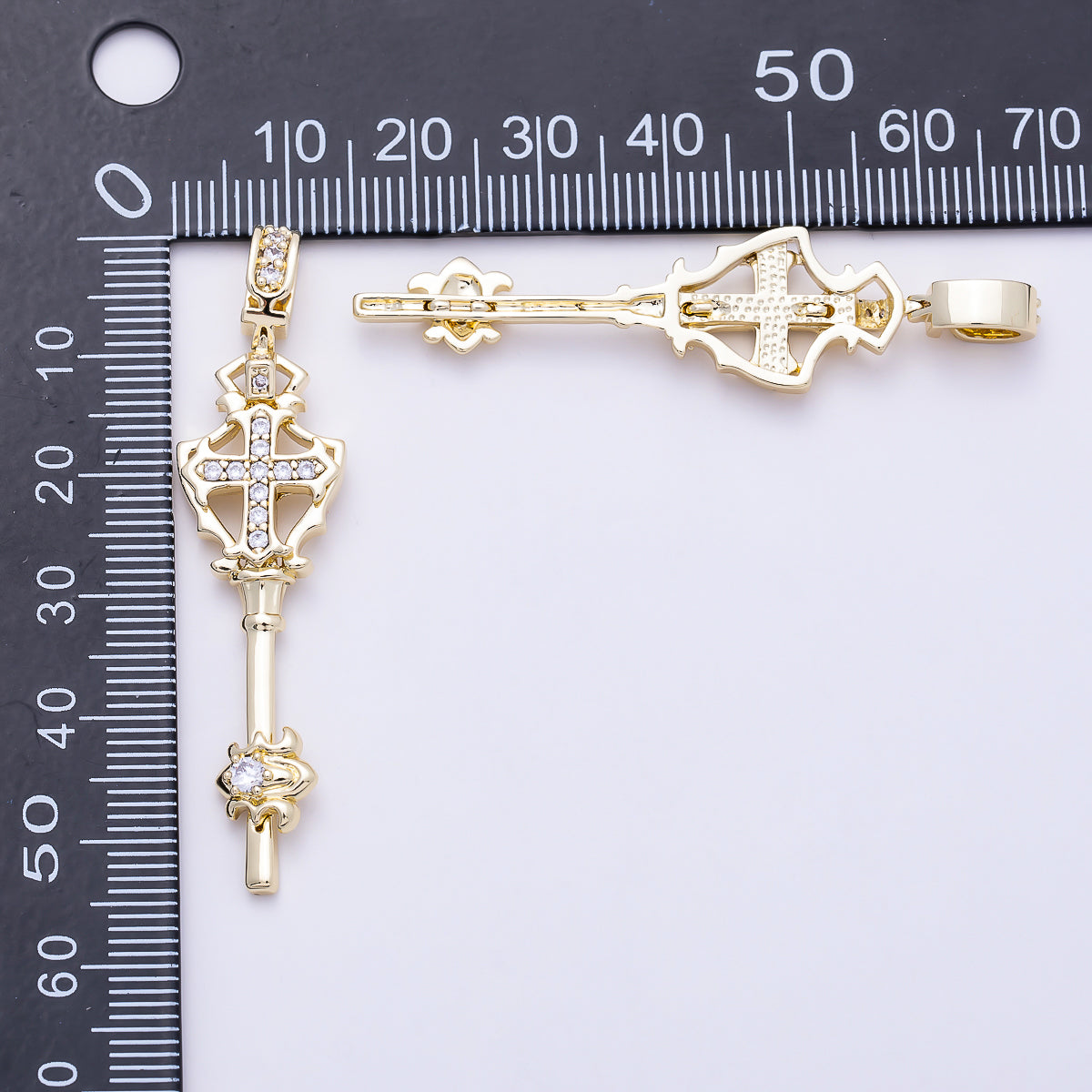 16K Gold Filled 54mm Clear Micro Paved Key Cross Religious Pendant | Charms-01387
