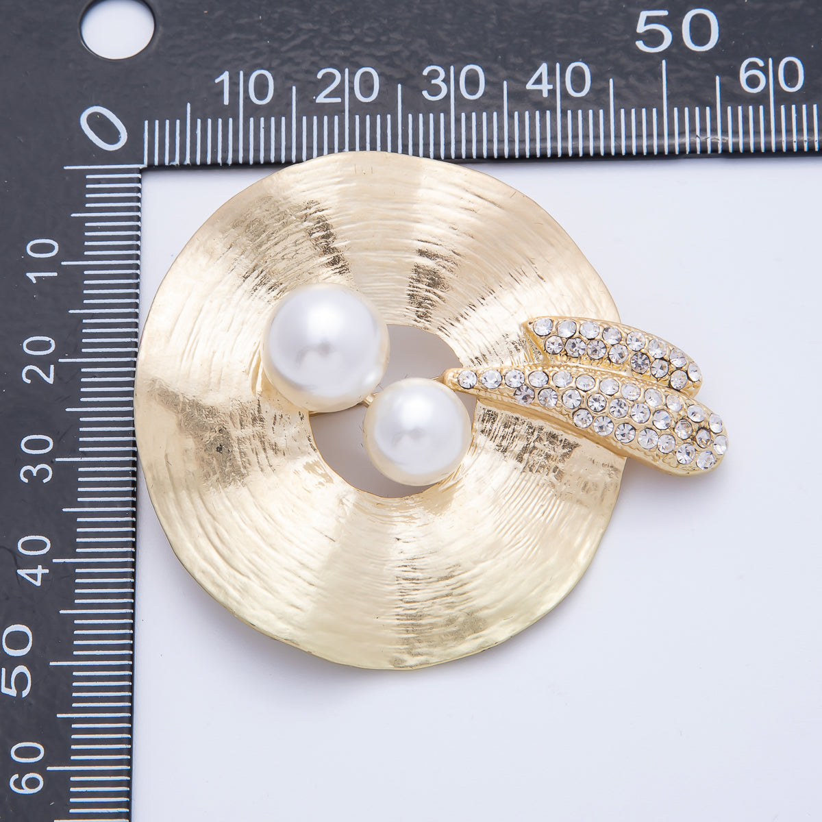 18K Gold Filled 55mm Micro Paved CZ Shell Pearl Hammered ring Brooch Pin | BH-022