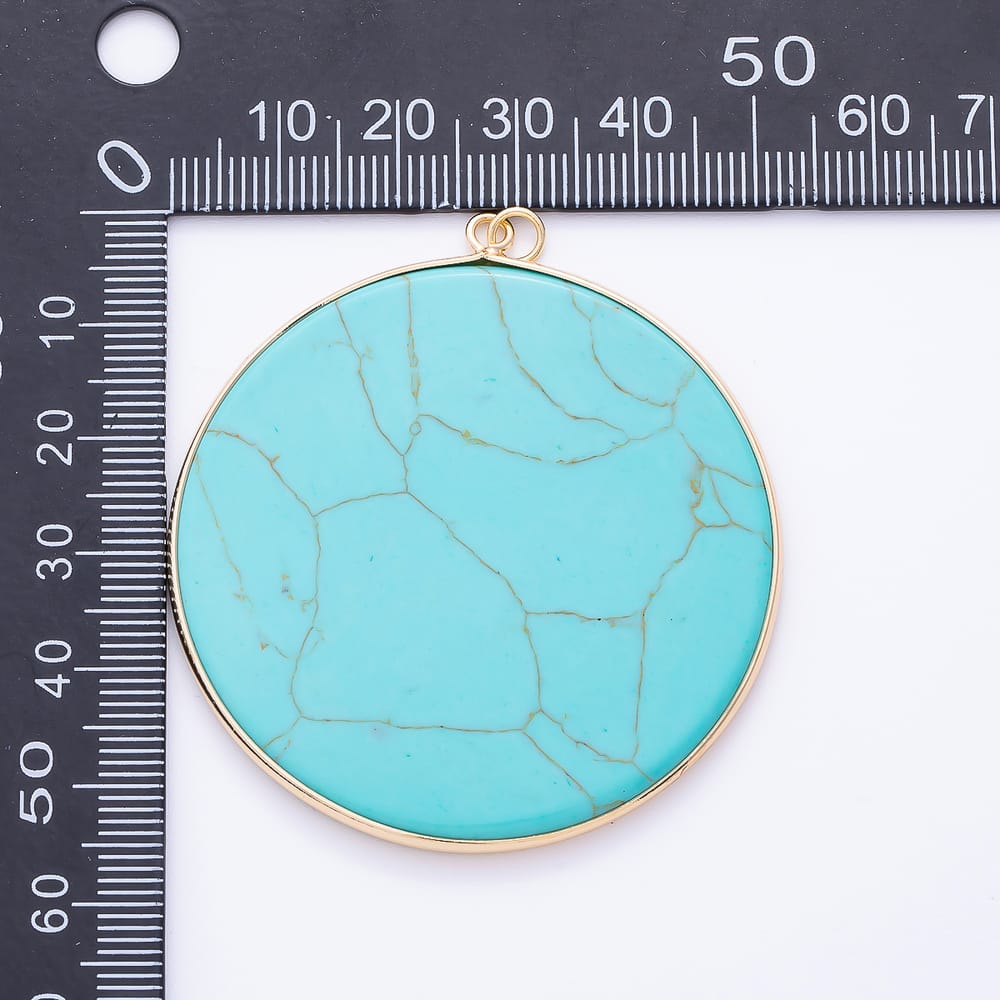16K Gold Filled 55mm Turquoise Gemstone Round Circle Foil Bezel Pendant | Charms-02460