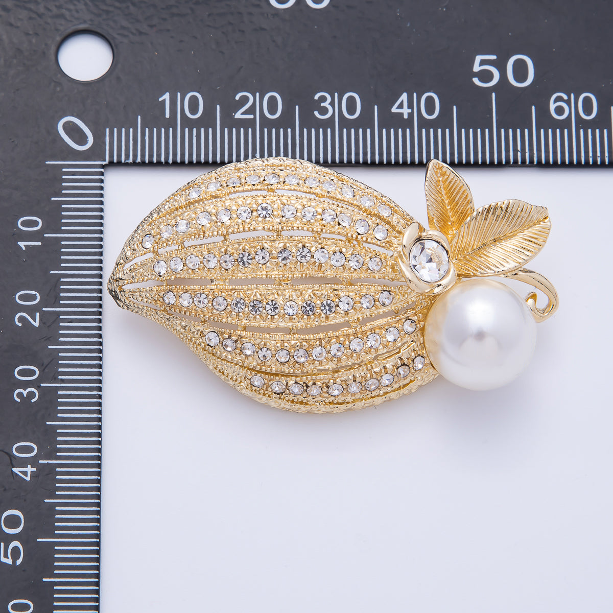 Gold 55.5mm x 32mm Acrylic Pearl Leaf Flower Nature Pin Brooch | BH-031