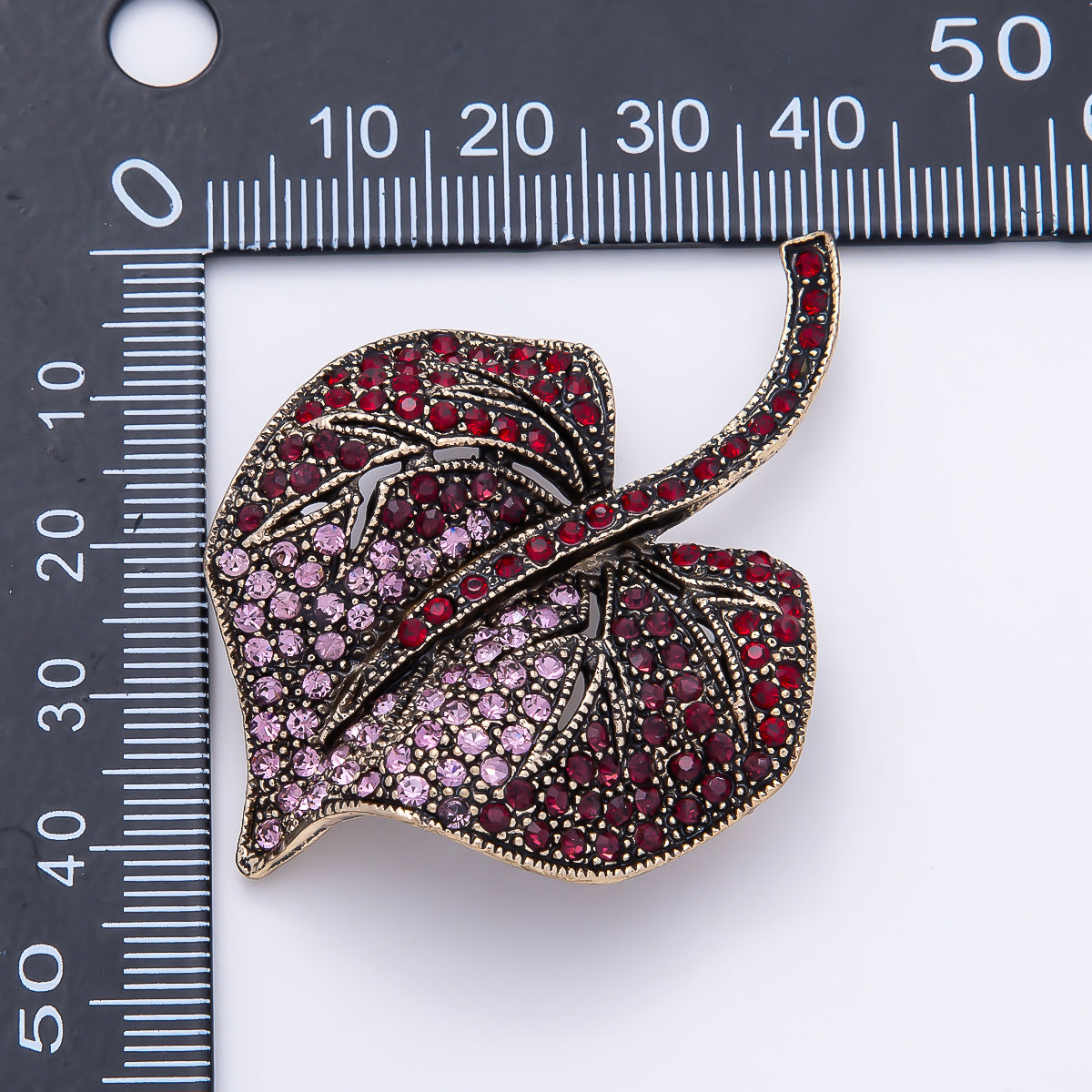 Vintage Gold 55mm Red Pink Micro Paved Rhinestone Leaf Pin Brooch | BH-00191