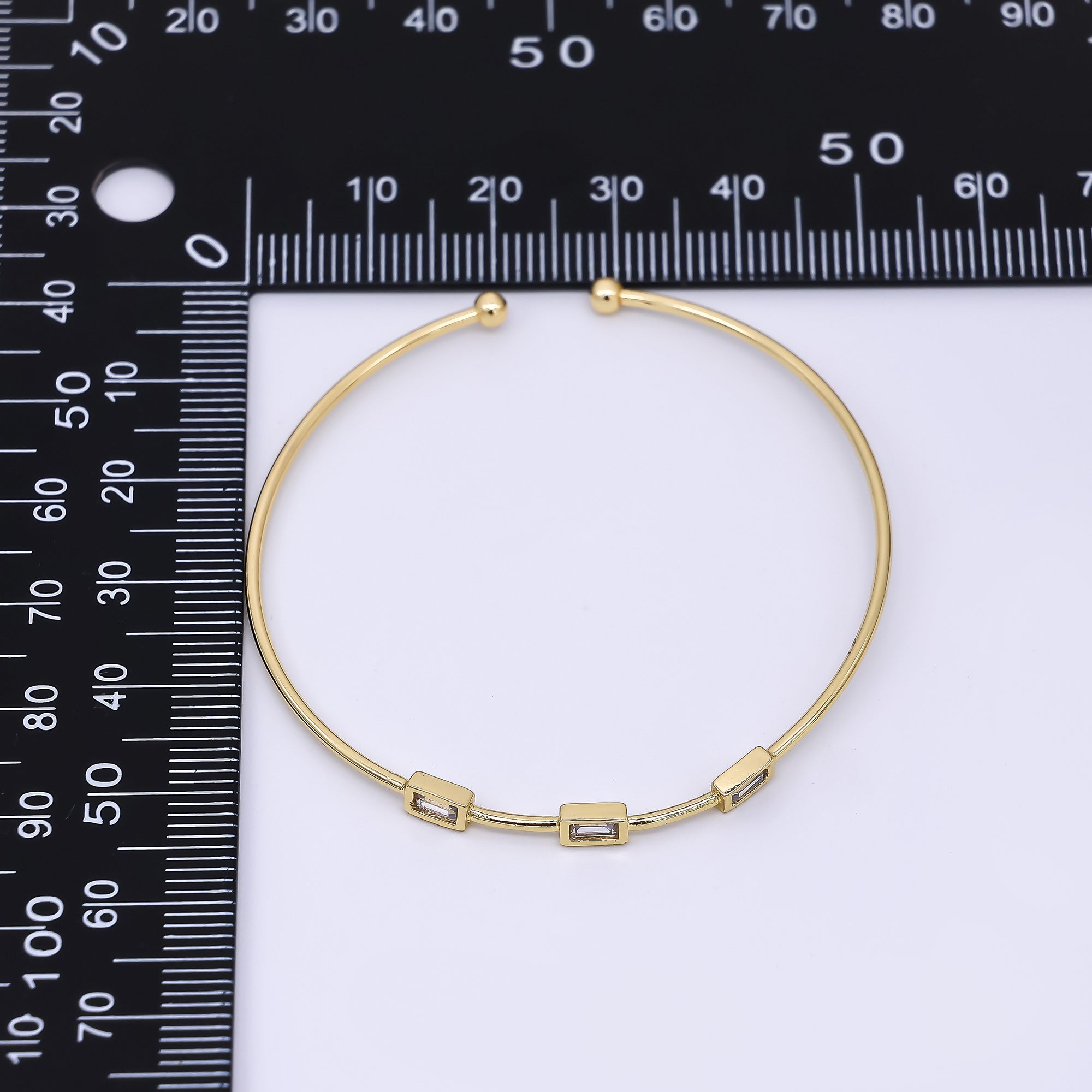24K Gold Filled Triple Rectangular CZ Open Bangle Cuff Bracelet | WA-3328