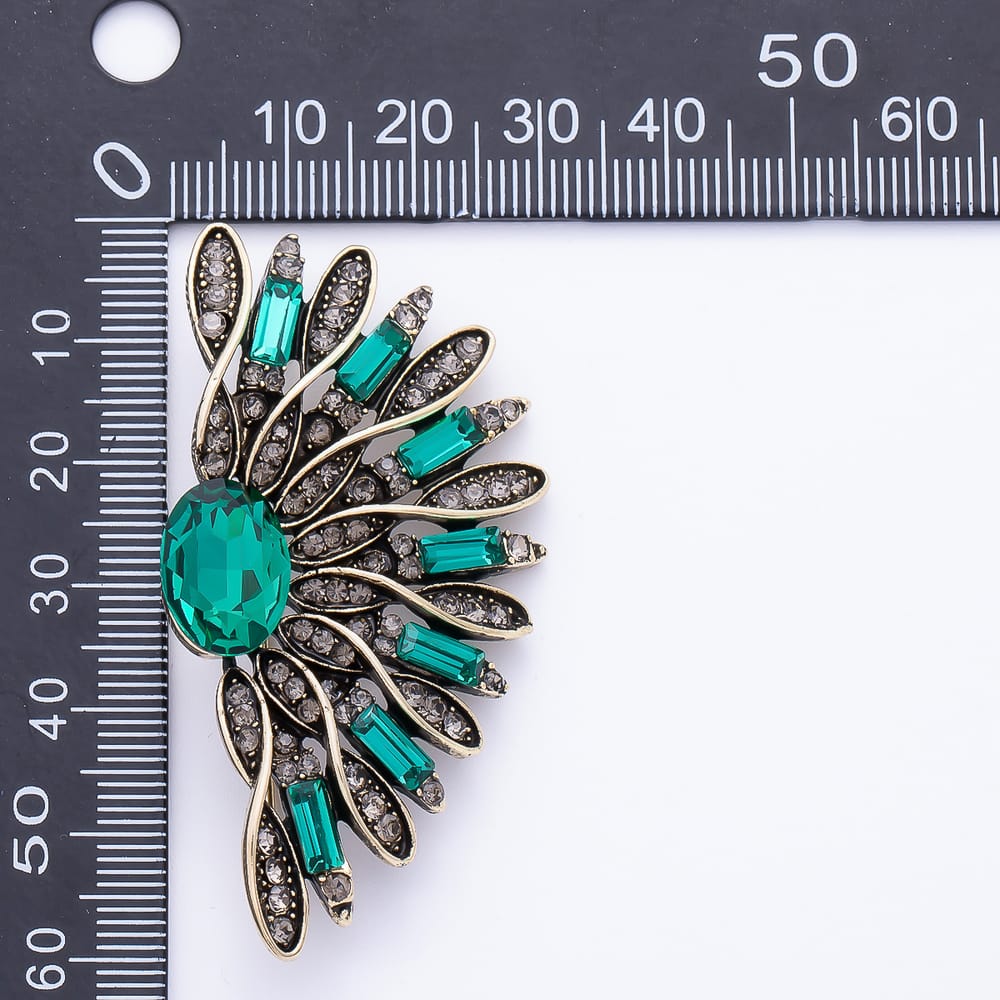 Vintage Gold Green, Blue Rhinestone Geometric Feather Fan Pin Brooch | BH-00224 BH-00225