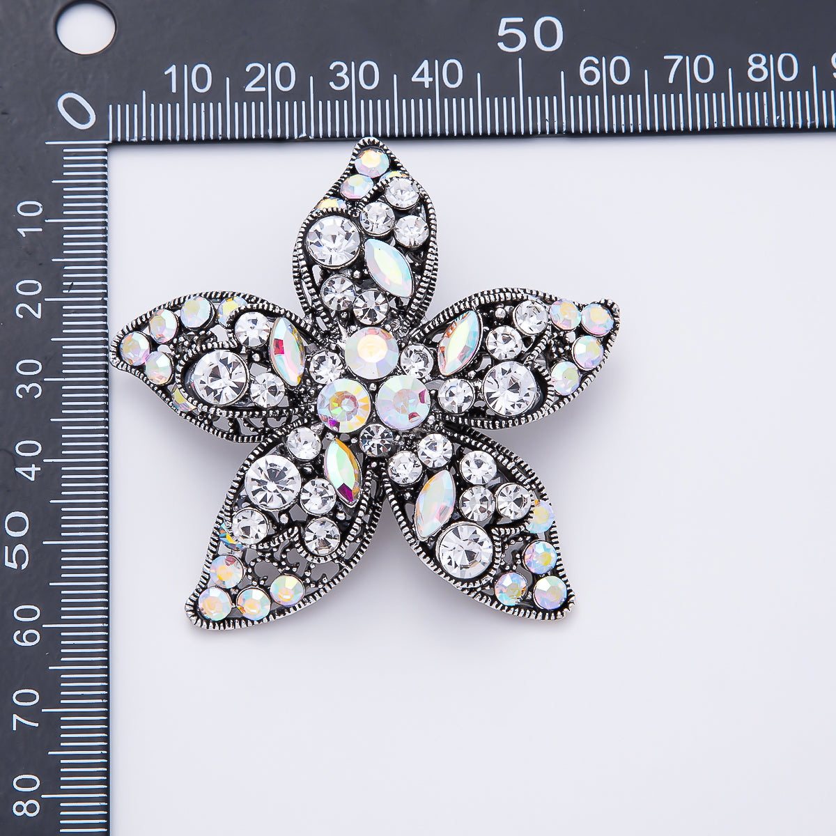 Vintage Silver 60mm Multi Cut Clear Iridescent Rhinestone Cluster Flower Pin Brooch | BH-00192