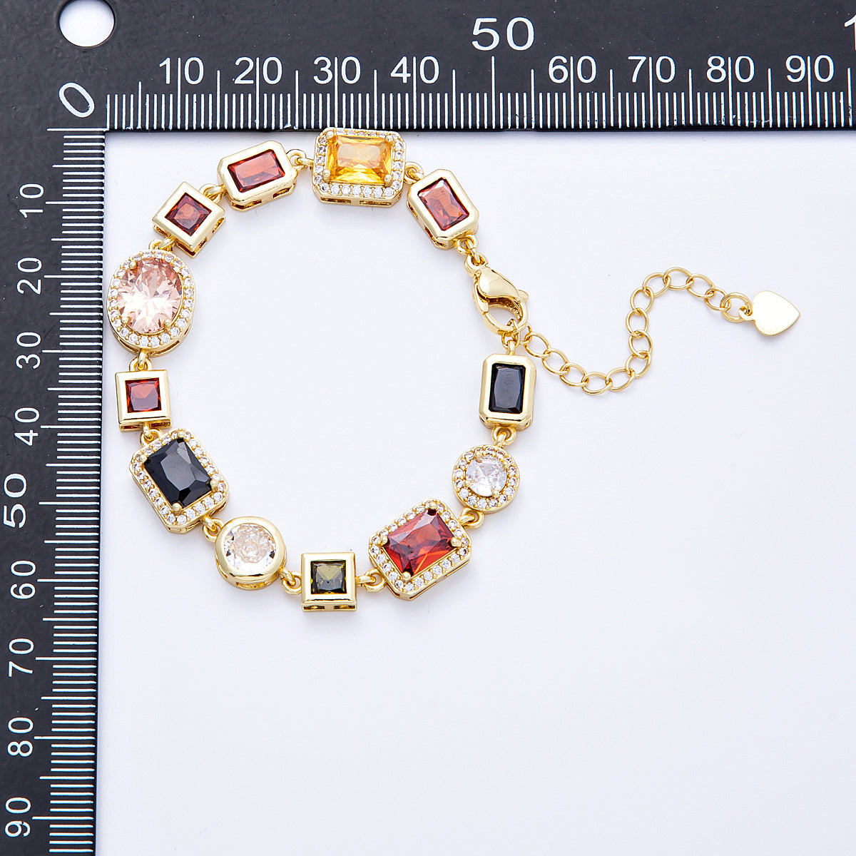 16K Gold Filled Multicolor Round Baguette CZ Micro Paved 6.5 Inch Bracelet w. Extender | WA-04146