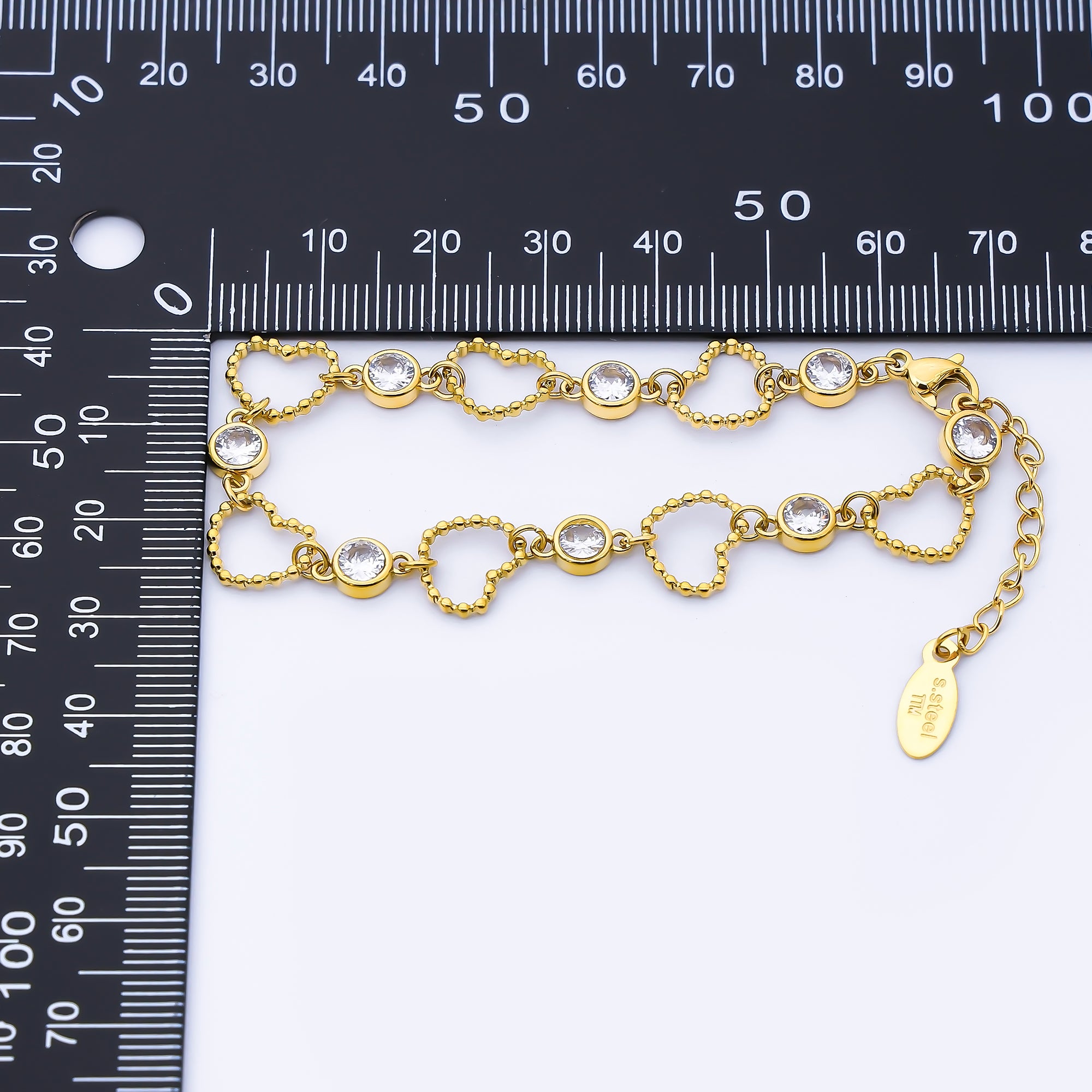 Stainless Steel Clear CZ Round Open Beaded Bubble Heart 6.5 Inch Bracelet | WA-4009