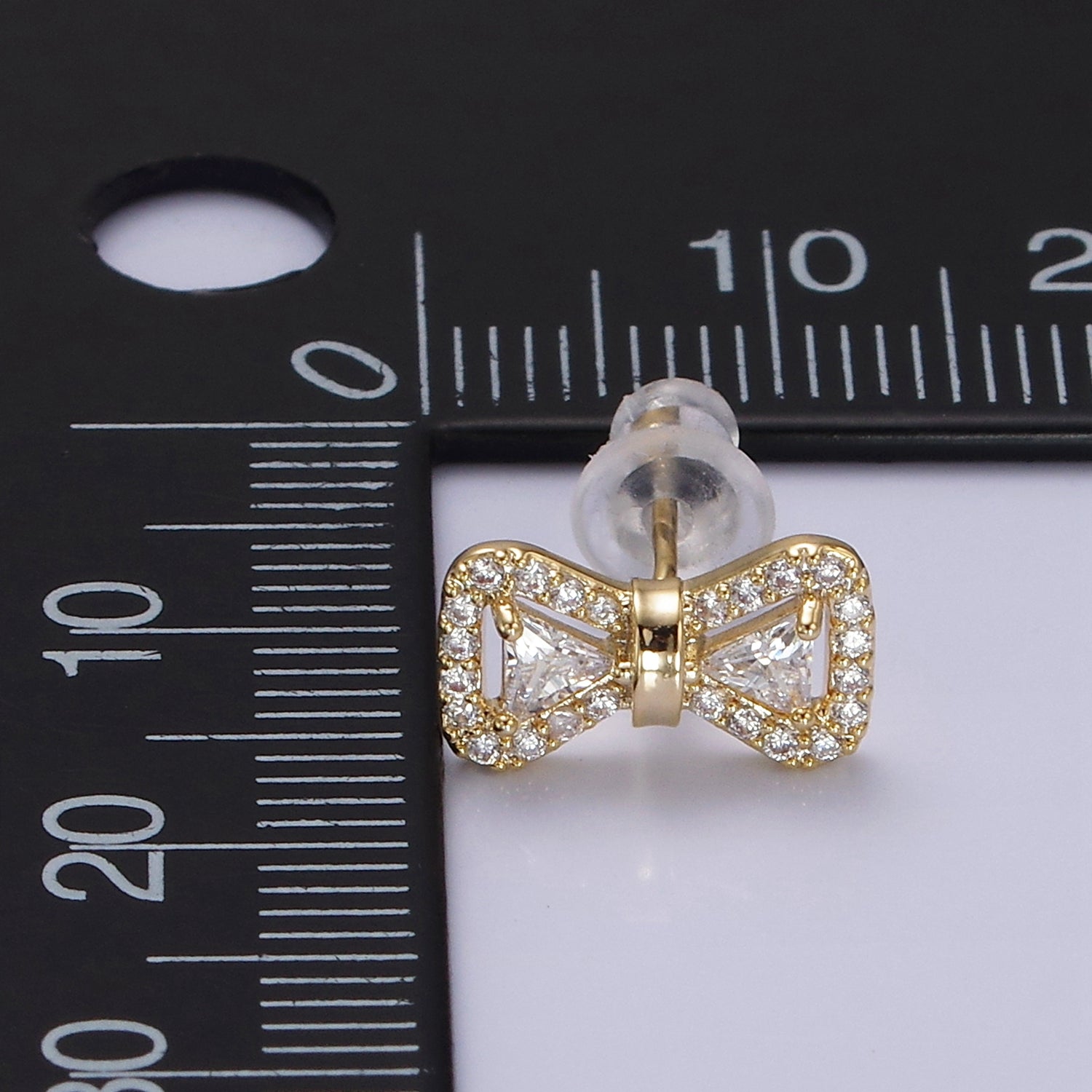 14K Gold Filled Bow Ribbon Micro Paved Stud Earrings in Gold & Silver | V267 V268 - DLUXCA