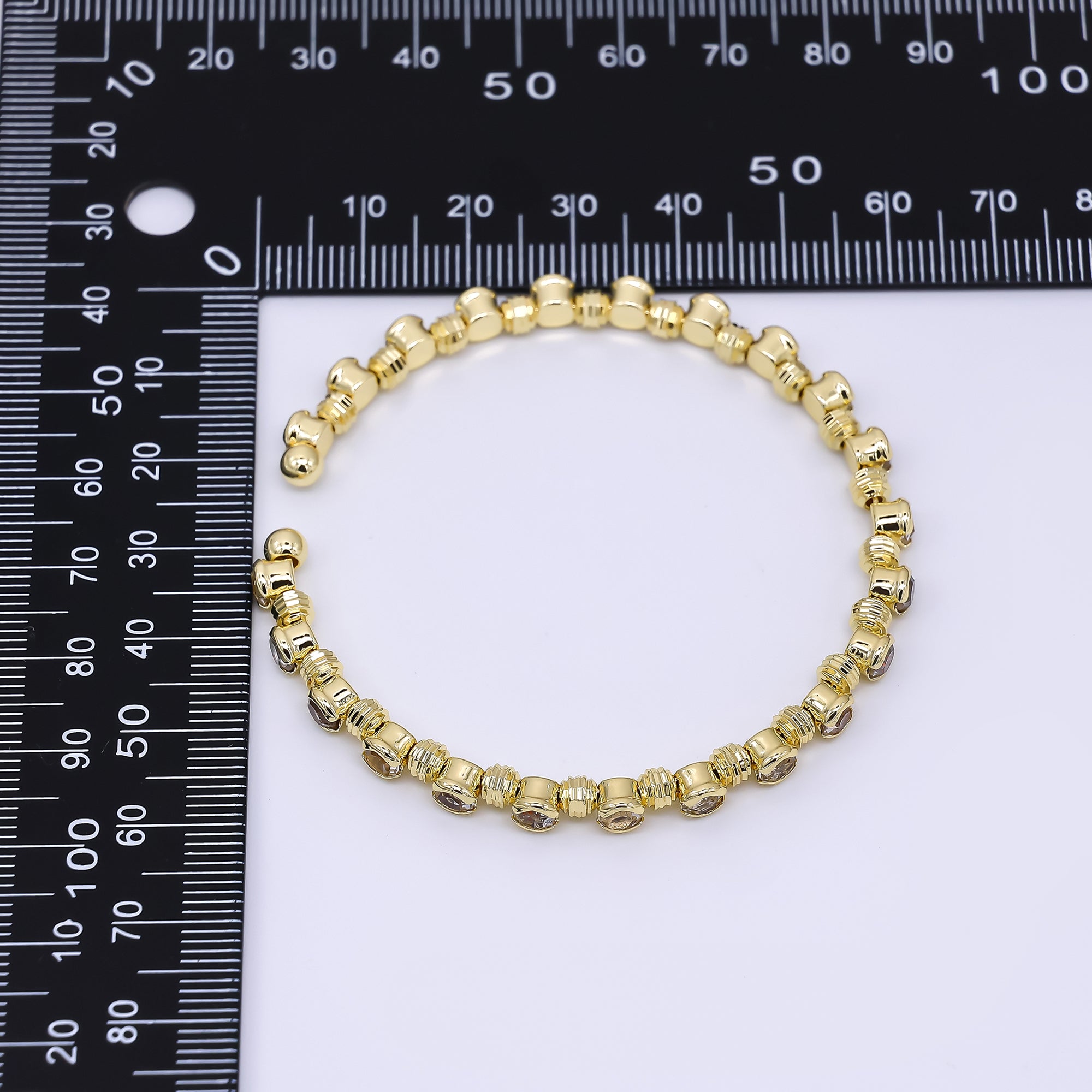 24K Gold Filled Clear Round CZ Bezle-Set Open Bangle Cuff Bracelet | WA-3327