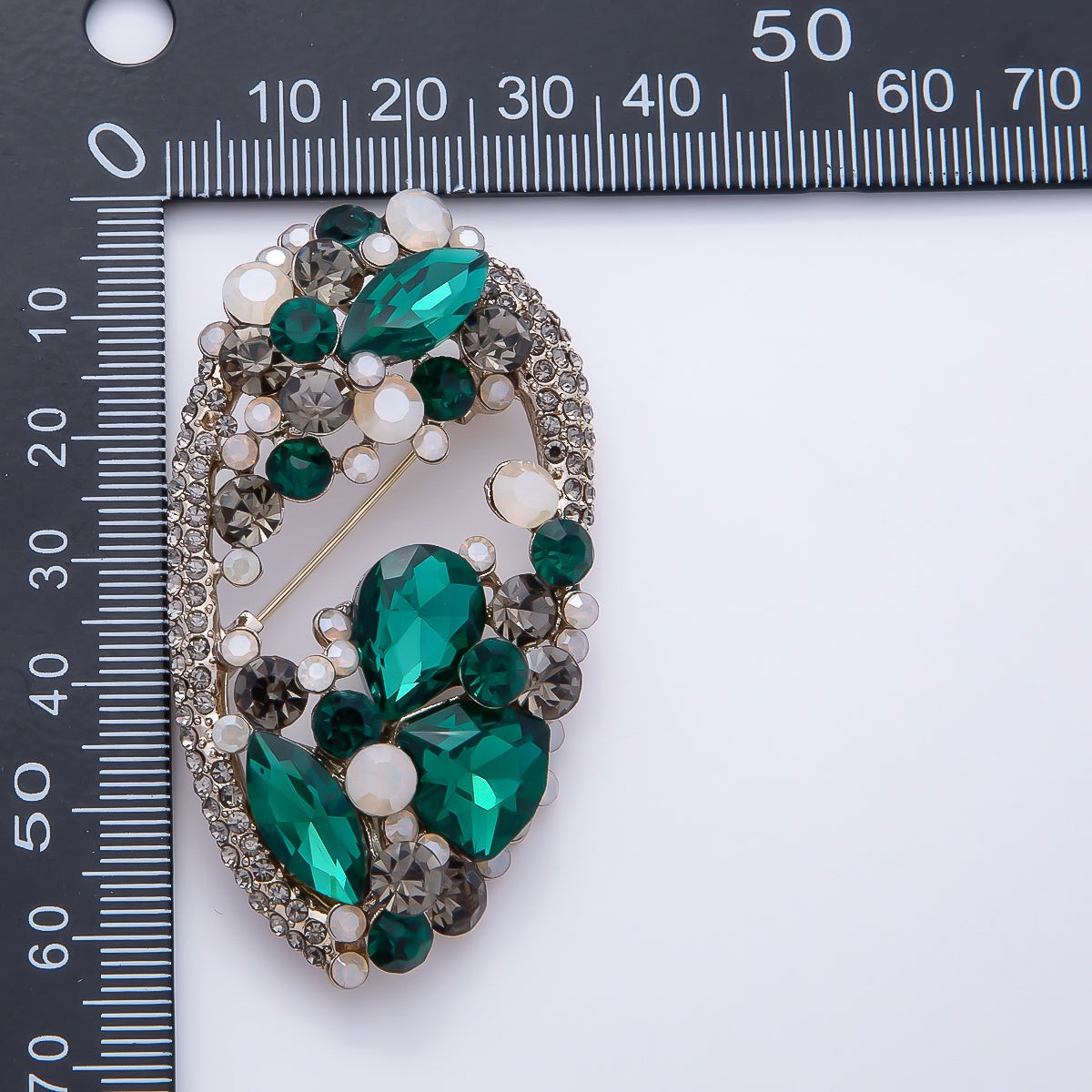 Vintage Gold 63mm Grey, Green, Clear Multi-Cut Rhinestone Open Oval Statement Pin Brooch | BH-00177 ~ BH-00179