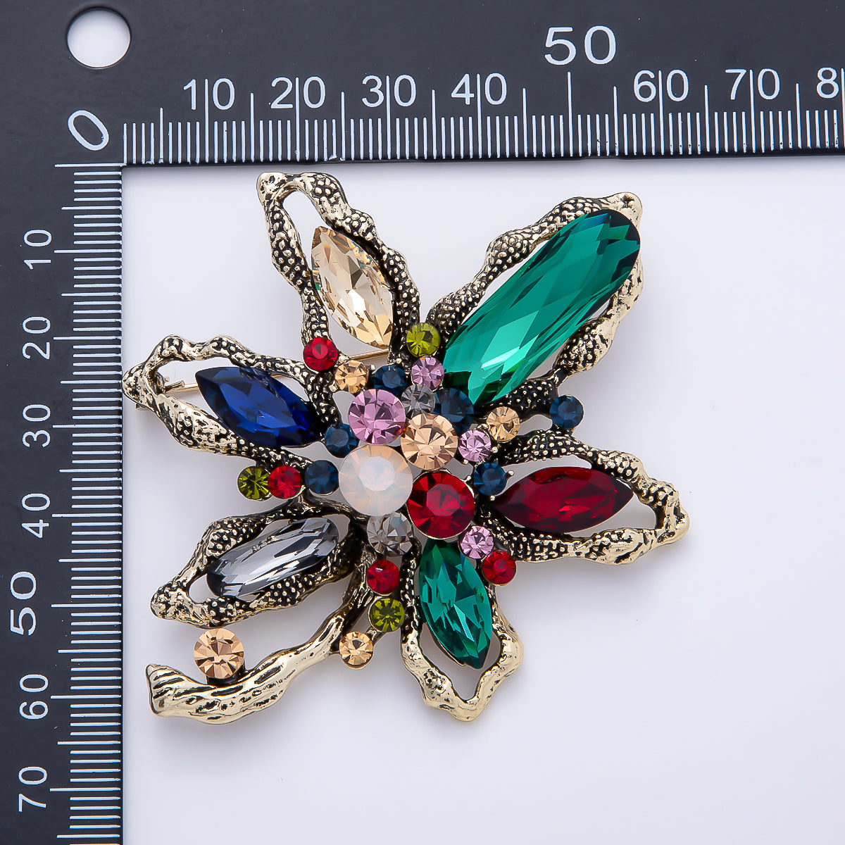 Vintage Gold 75mm Multicolor Multi Cut Rhinestone Molten Geometric Flower Pin Brooch | BH-00163