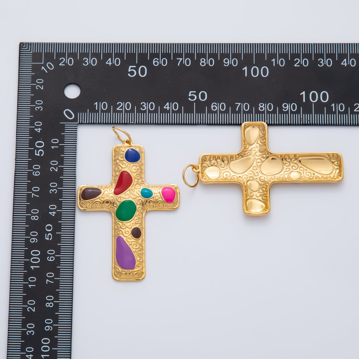 18K Gold Plated 63mm Handpainted Blue, Multicolor Enamel Patterned Christian Cross Charm | AF1423