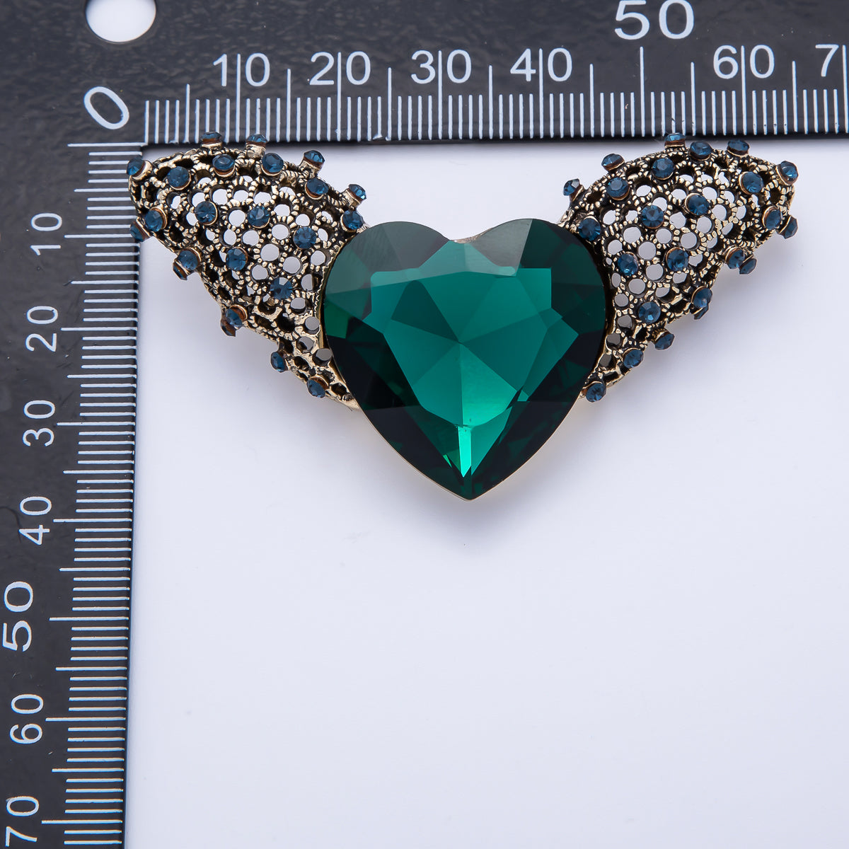 Gold 65mm x 36.5mm Green Rhinestone Heart Wings Pin Brooch | BH-064