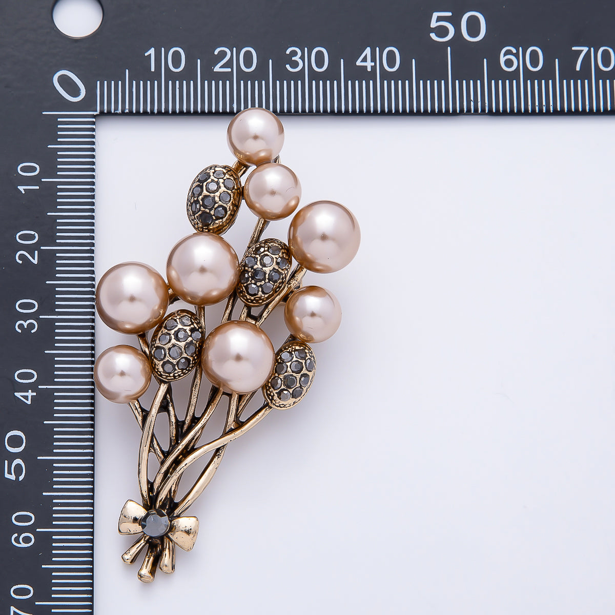 Vintage Gold 65mm Shell Pearl Rhinestone Paved Flower Bouquet Pin Brooch | BH-00180