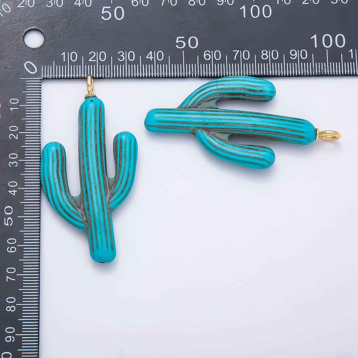 18K Gold Filled 67mm Turquoise Teal Enamel Cactus Plant Pendant | Charms-00356