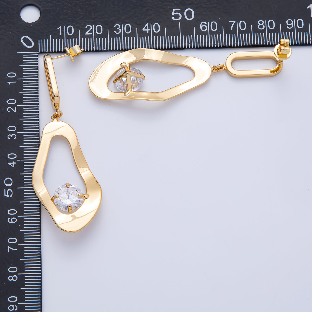 18K Gold Filled 68mm Clear CZ Hammered Paperclip Drop Stud Earrings | AE315