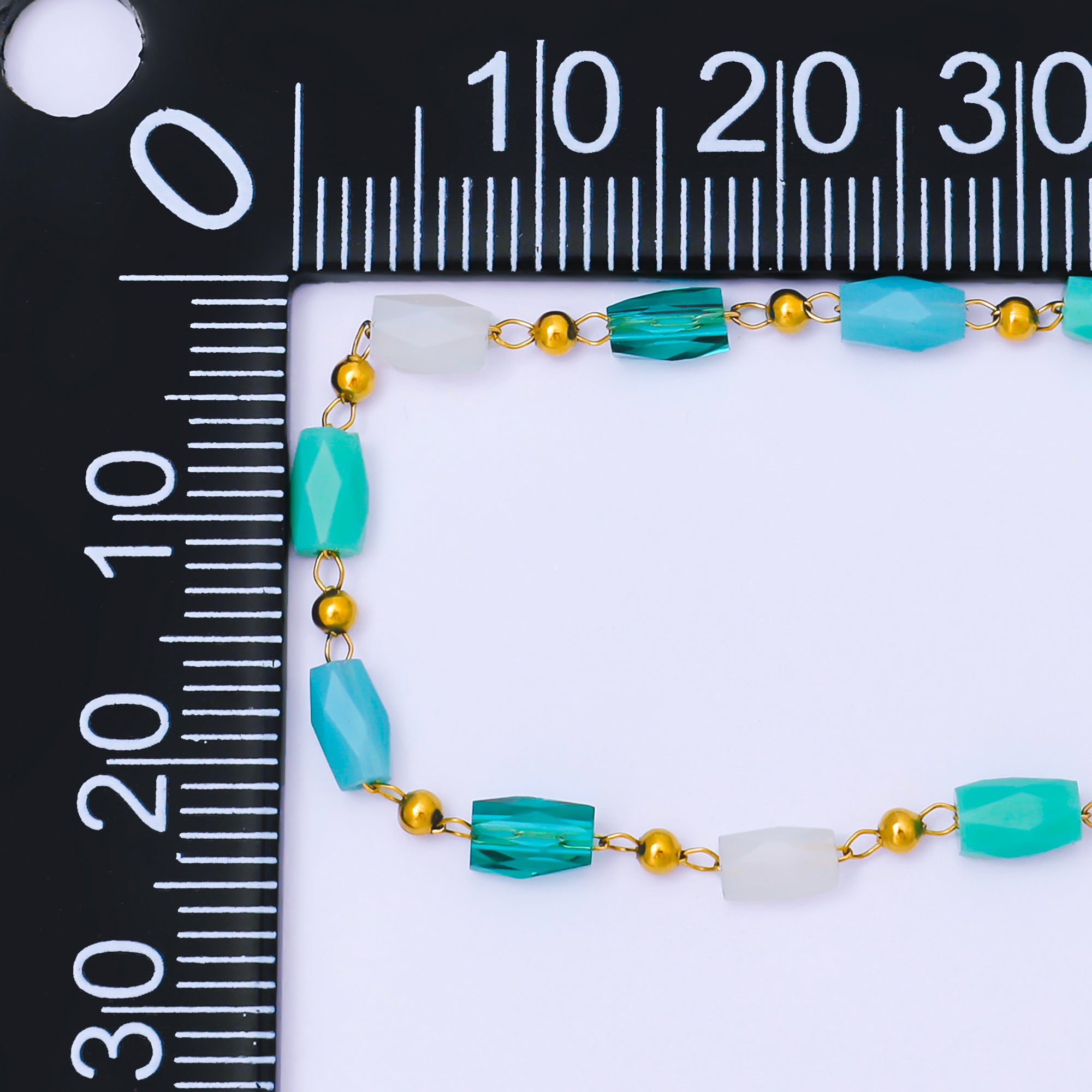 Gold Stainless Steel 1.9mm Blue, White, Teal Minimalist 7 Inches Glass Beads Bracelet | WA-1376