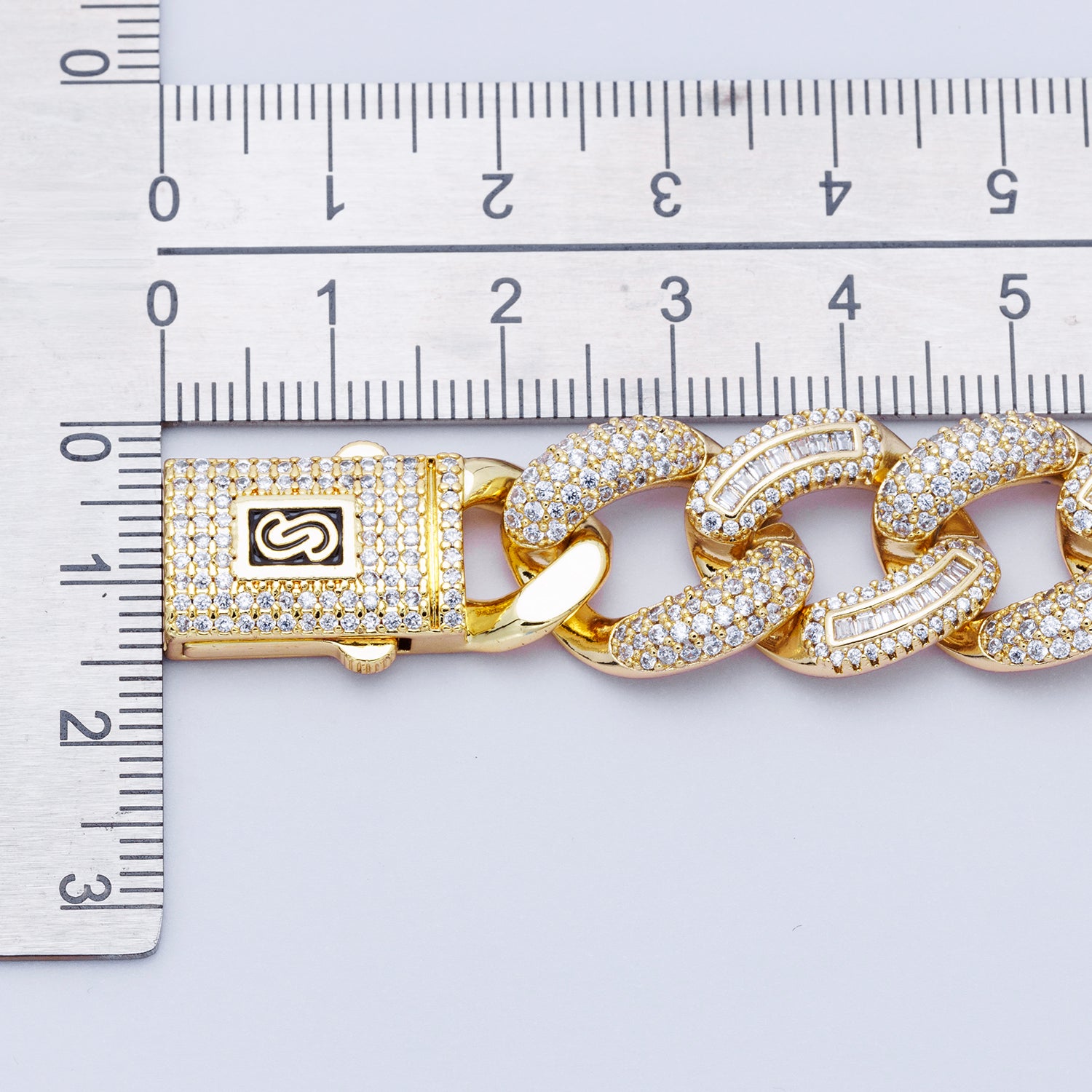 16K Gold Filled 16mm Baguette Micro Paved CZ Curb Chain 7.4 Inch Bracelet | WA-04165