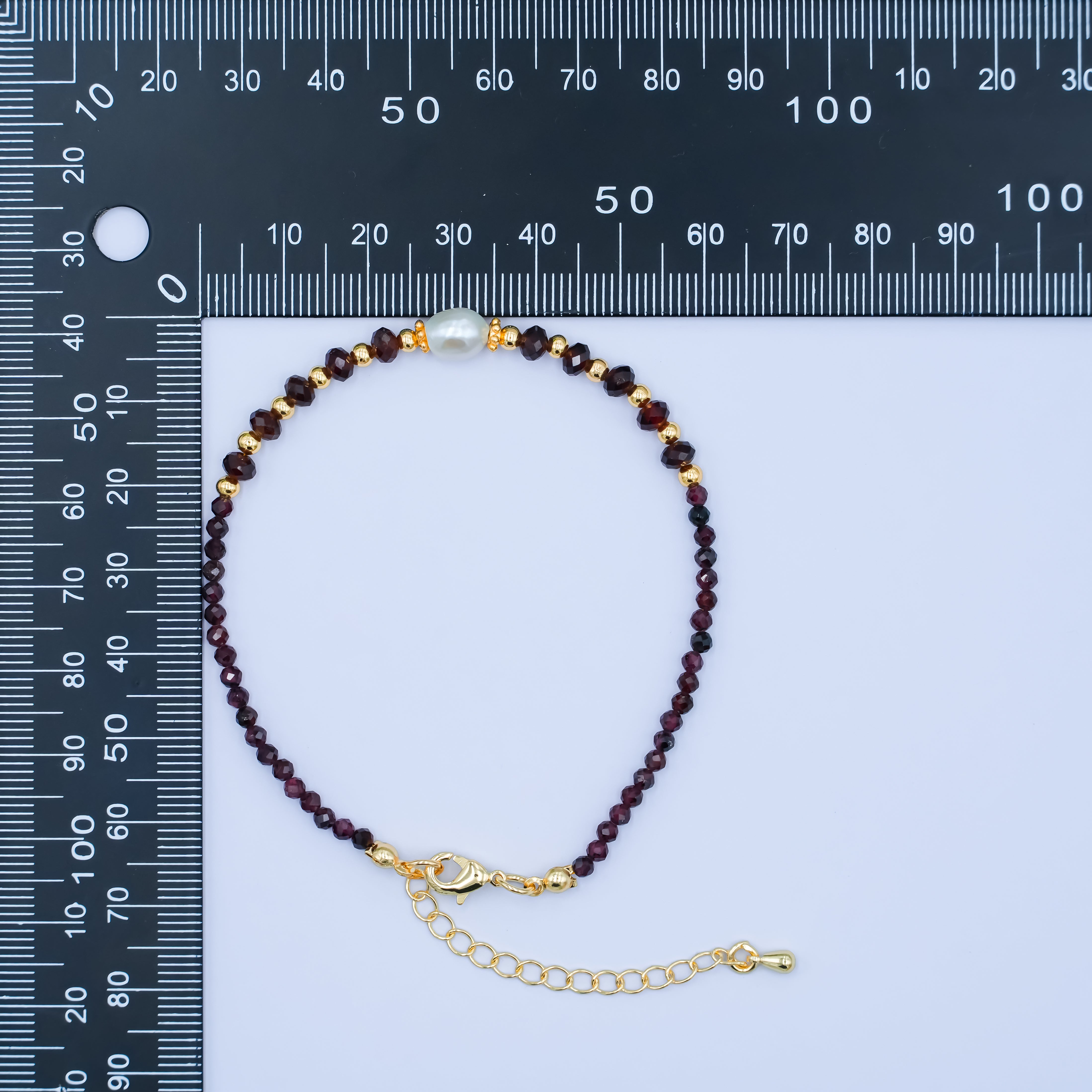 24K Gold Filled Shell Pearl Dark Red Multifaceted Gemstone 7.5 Inch Bracelet | WA-2892