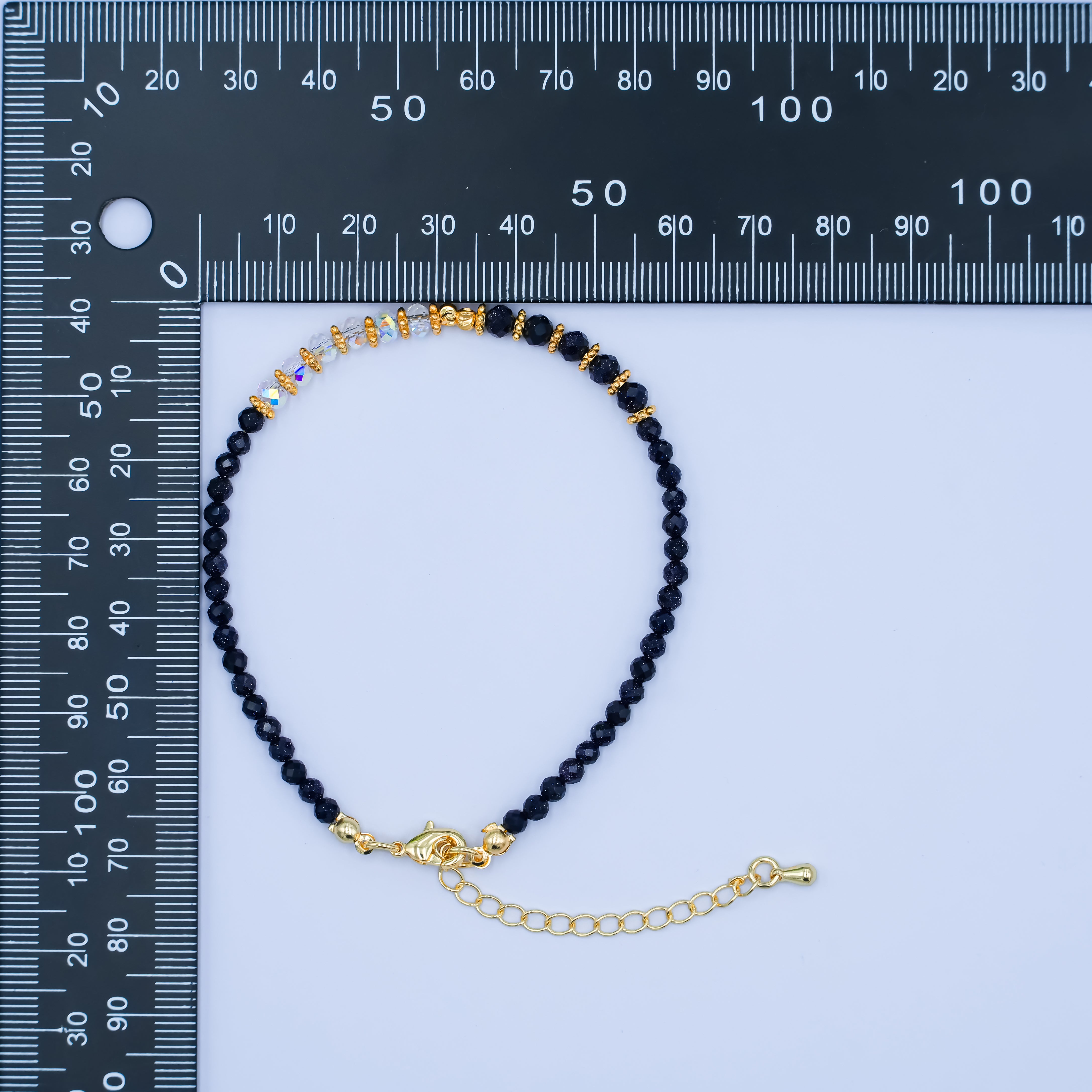 24K Gold Filled 4mm AB Blue Black Goldstone Multifaceted Gemstone 7.5 Inch Bracelet | WA-2890