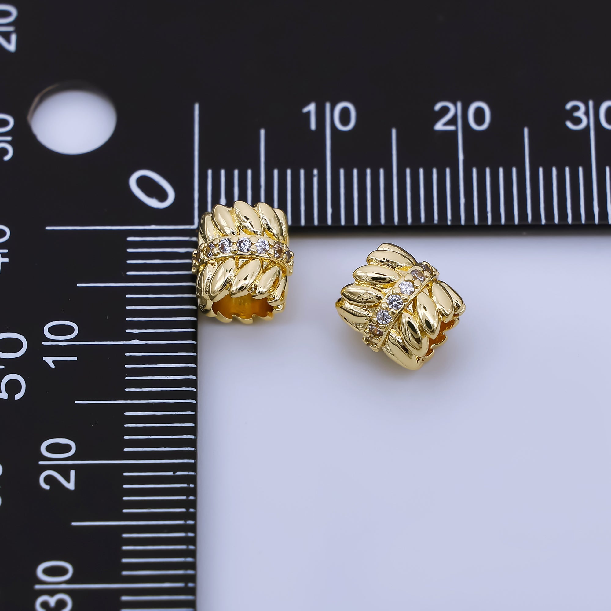 24K Gold Filled 8mm Micro Paved CZ Leaf Pattern Bead Spacer | B478