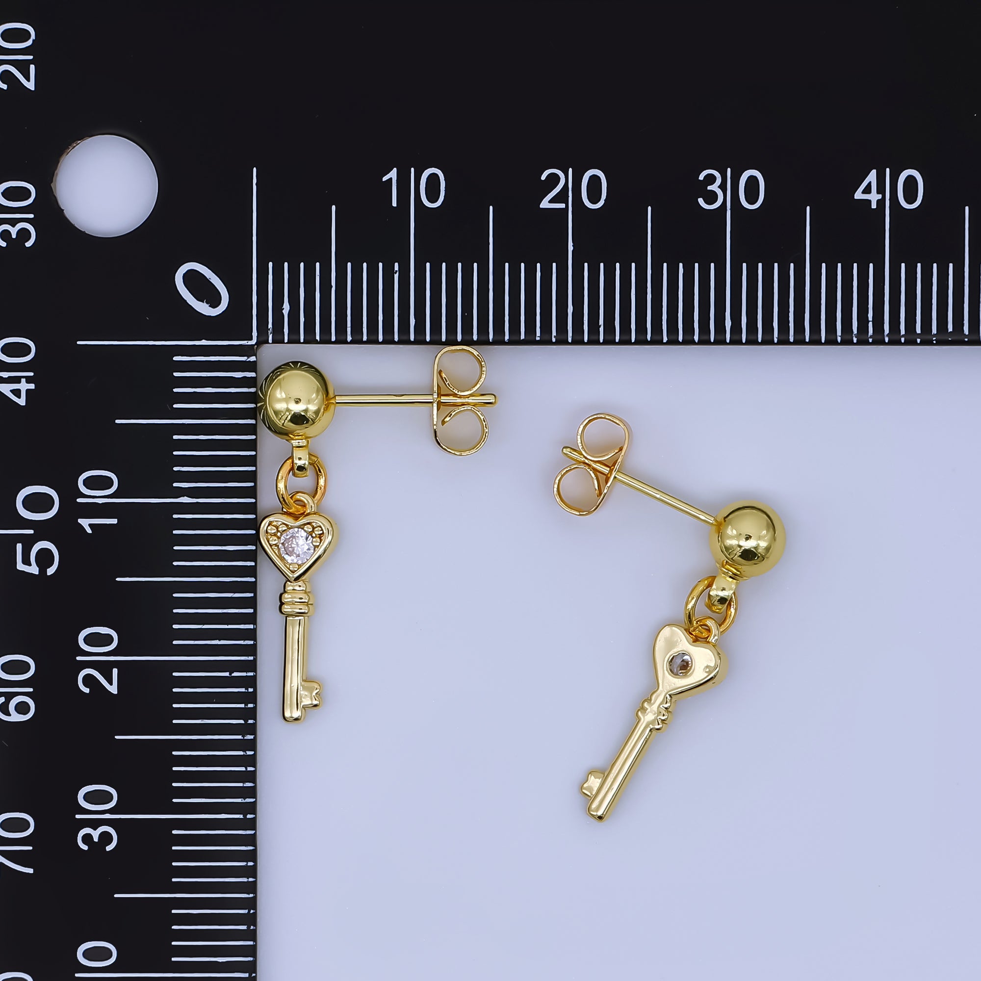 24K Gold Filled Round CZ Key to the Heart Drop Stud Earrings | AI468