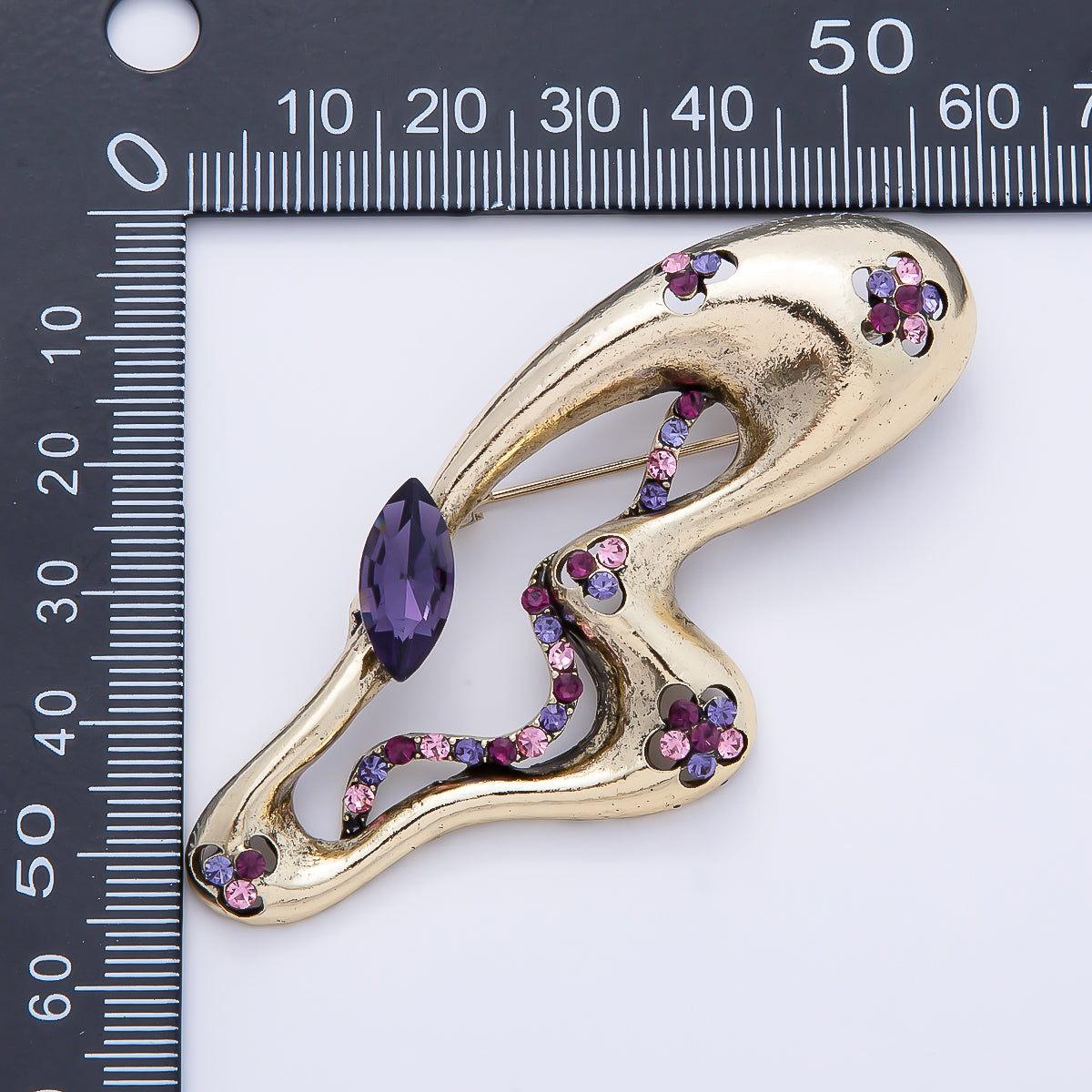 Vintage Gold 73mm Purple Pink Rhinestone Flower Half Wings Butterfly Mariposa Animal Pin Brooch | BH-00164