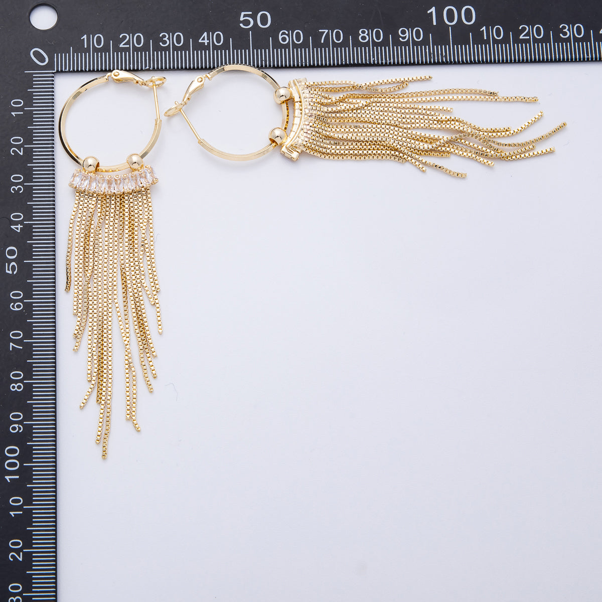 18K Gold Filled 76mm Clear Baguette CZ Box Chain Tassel C-Shaped Hinge Hoop Earrings | T013