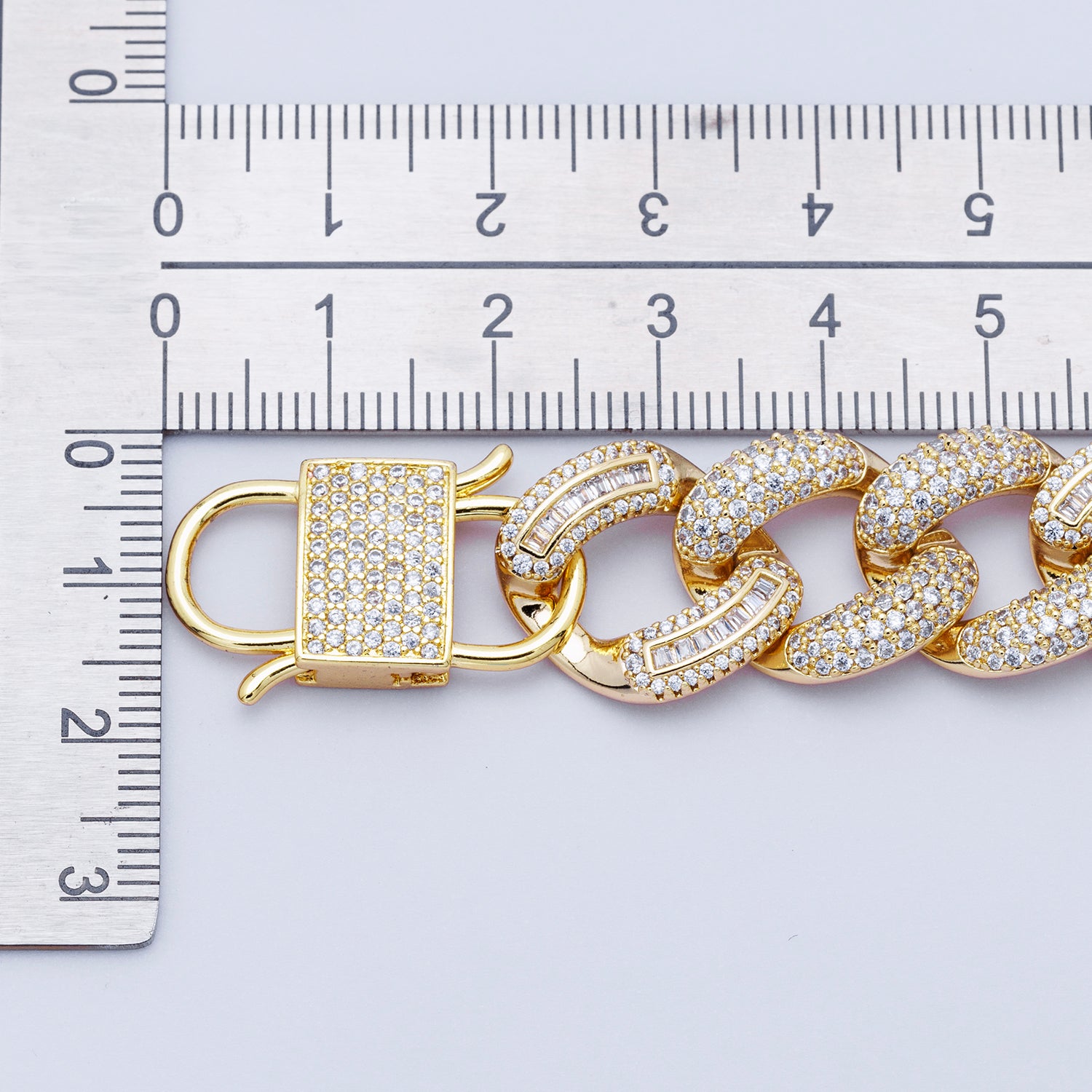 16K Gold Filled 16mm Baguette Micro Paved CZ Curb Chain 7 Inch Bracelet w. Lock Clasps | WA-04166