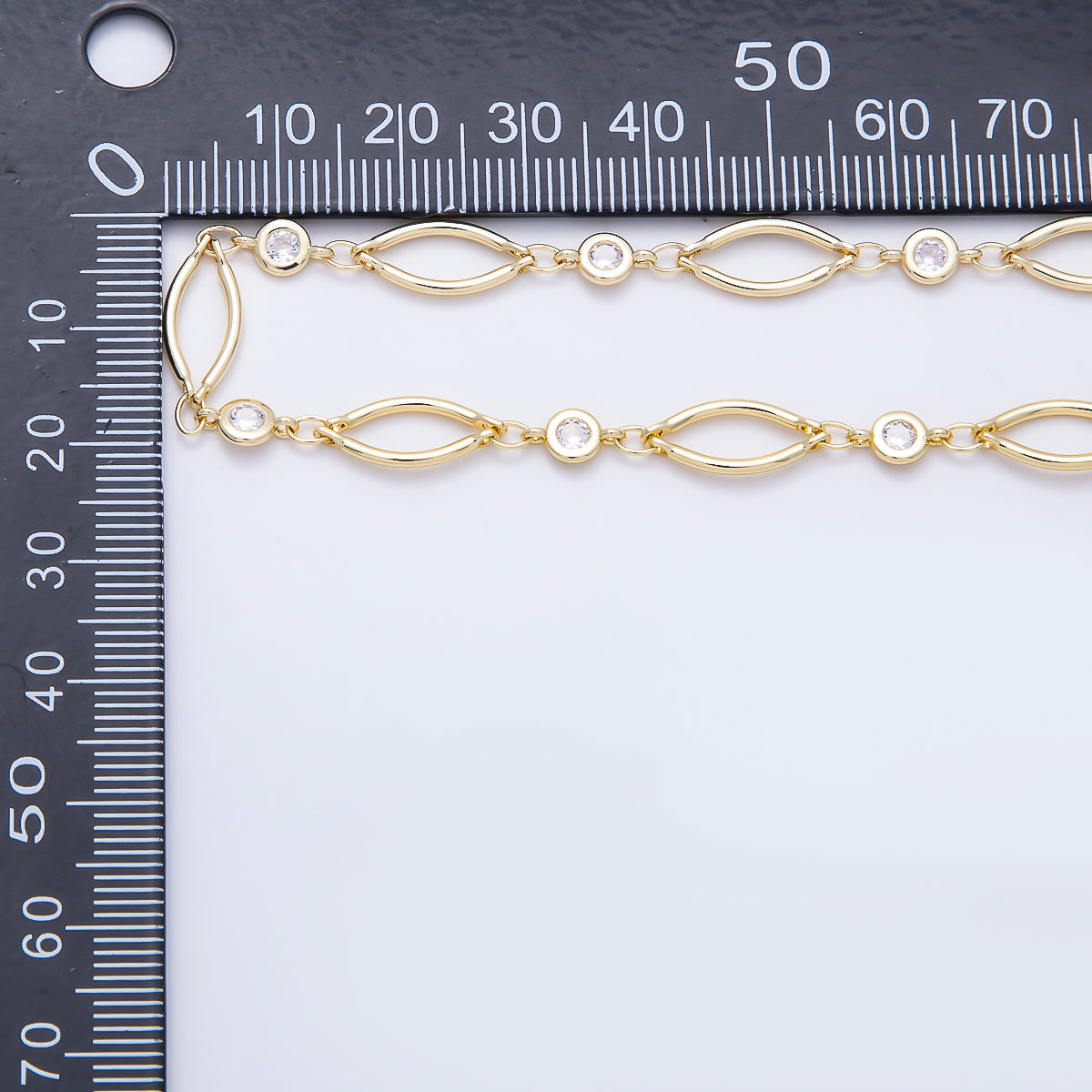 16K Gold Filled 15mm Navette Oval Link Clear CZ Station Unfinished Chain by Yard | Roll-01908